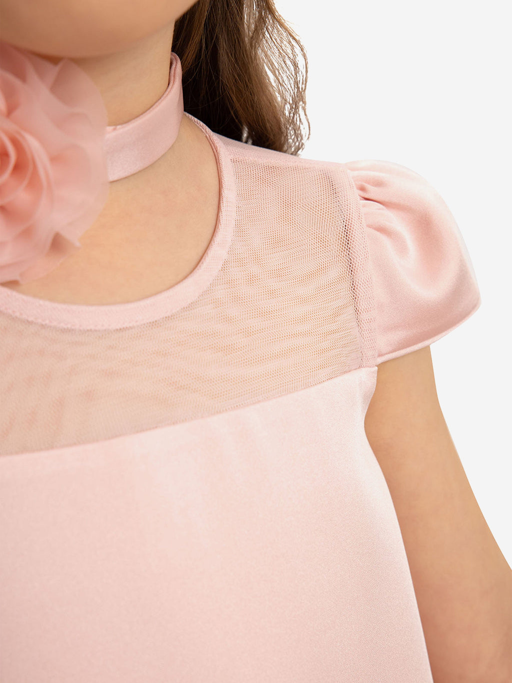 DRESS & Fleur Girls Pink Satin Dress with 3D Flower Choker | Childsplay