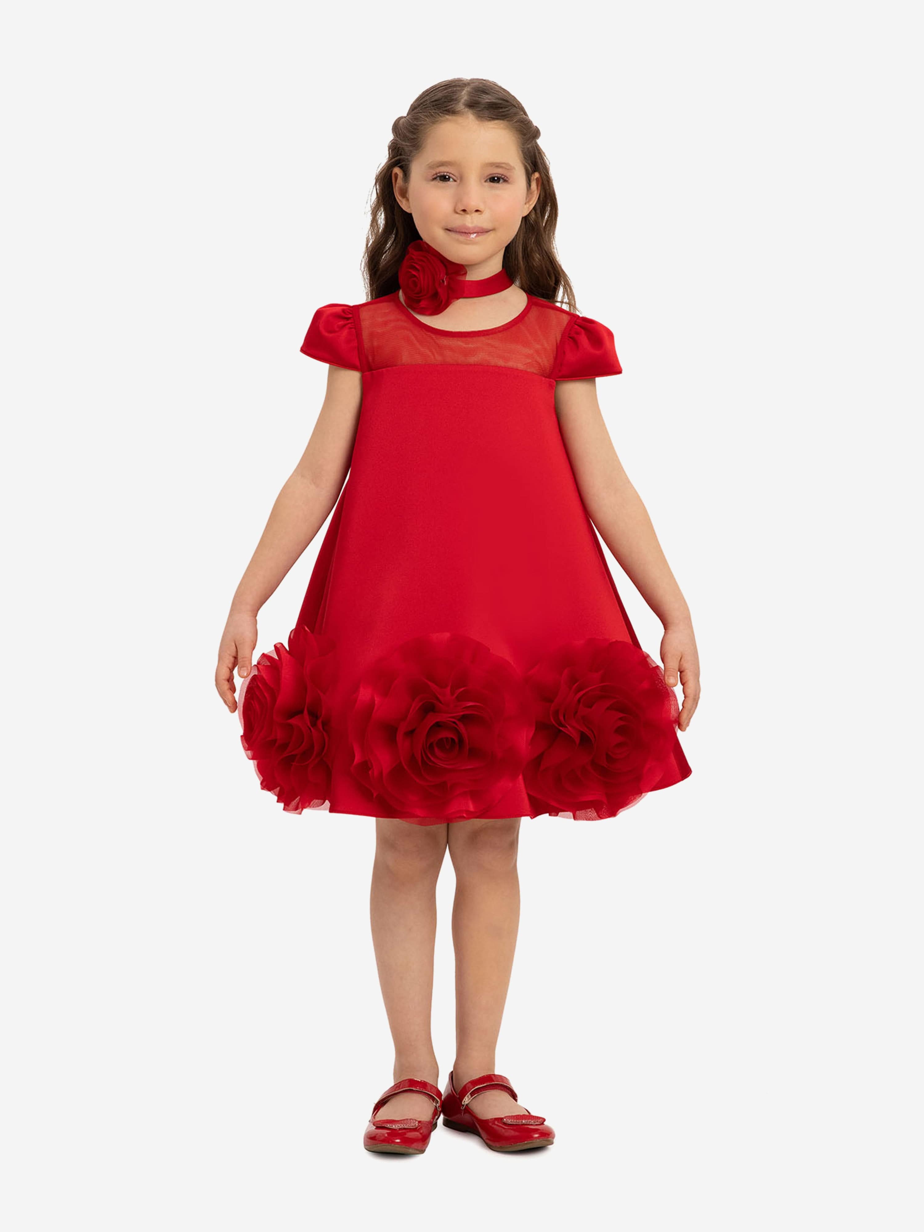 DRESS & Fleur Girls Red Satin Dress with Flower Choker and 3D Hem