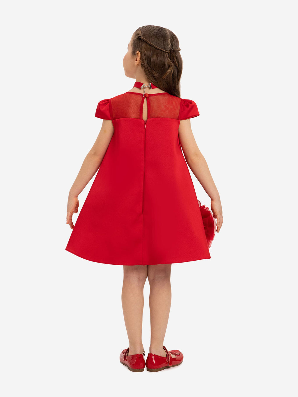 DRESS & Fleur Girls Red Satin Dress with Flower Choker and 3D Hem