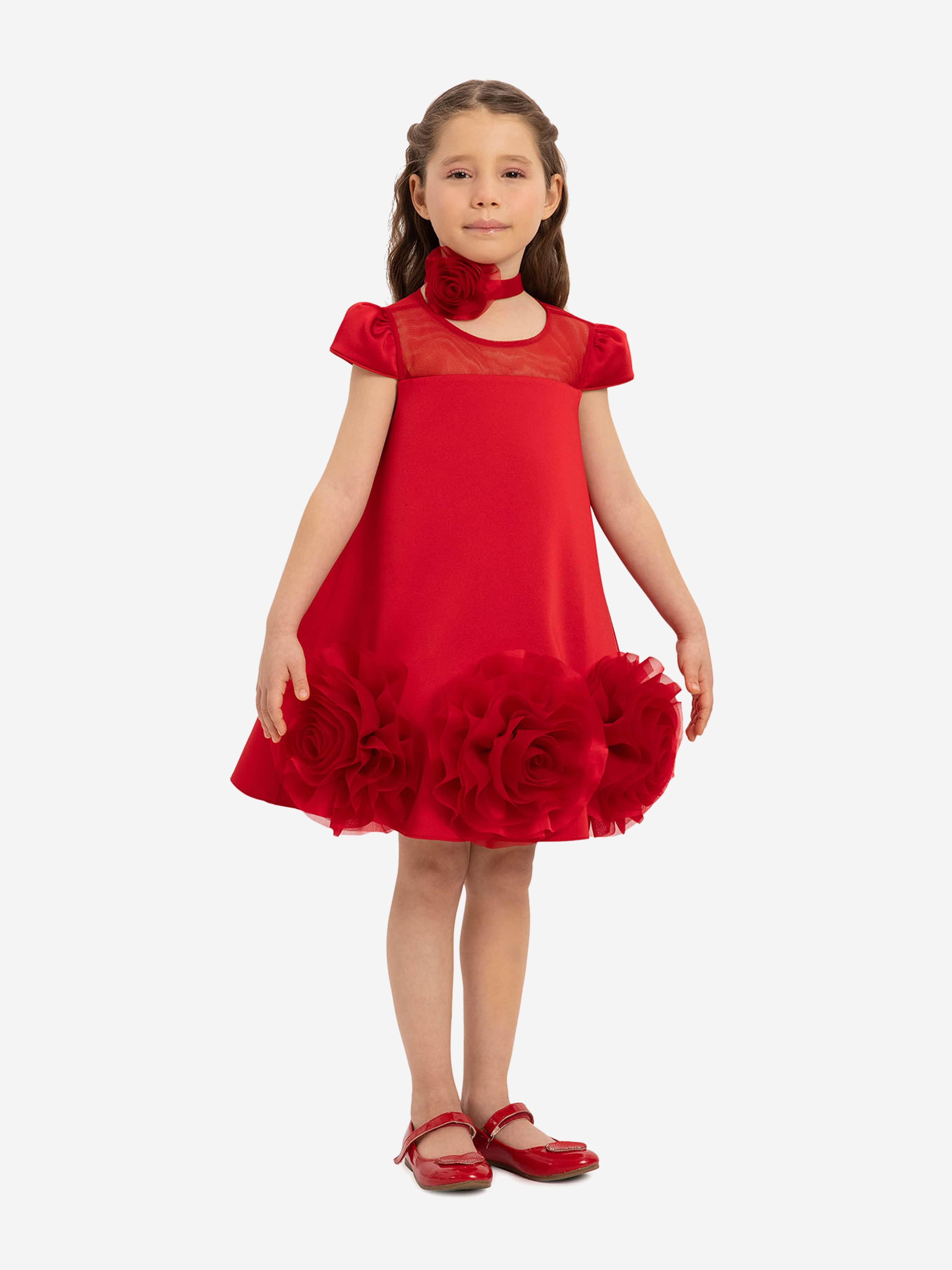 DRESS & Fleur Girls Red Satin Dress with Flower Choker and 3D Hem