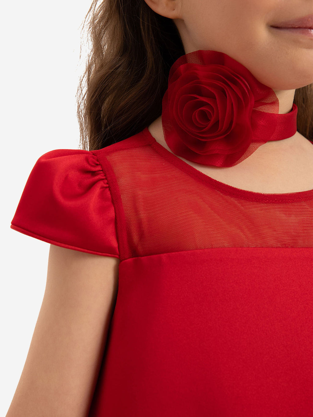 DRESS & Fleur Girls Red Satin Dress with Flower Choker and 3D Hem