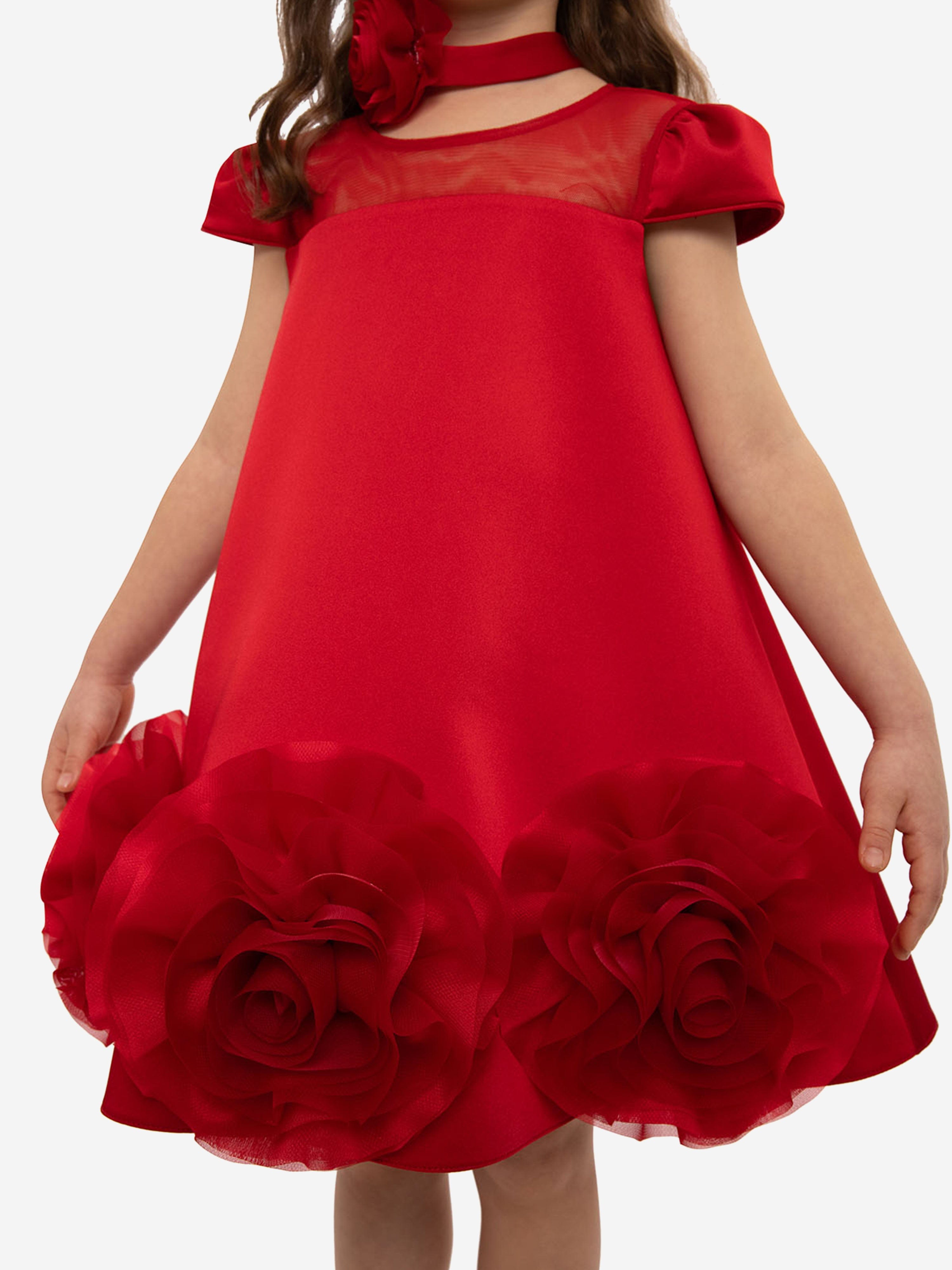 DRESS & Fleur Girls Red Satin Dress with Flower Choker and 3D Hem