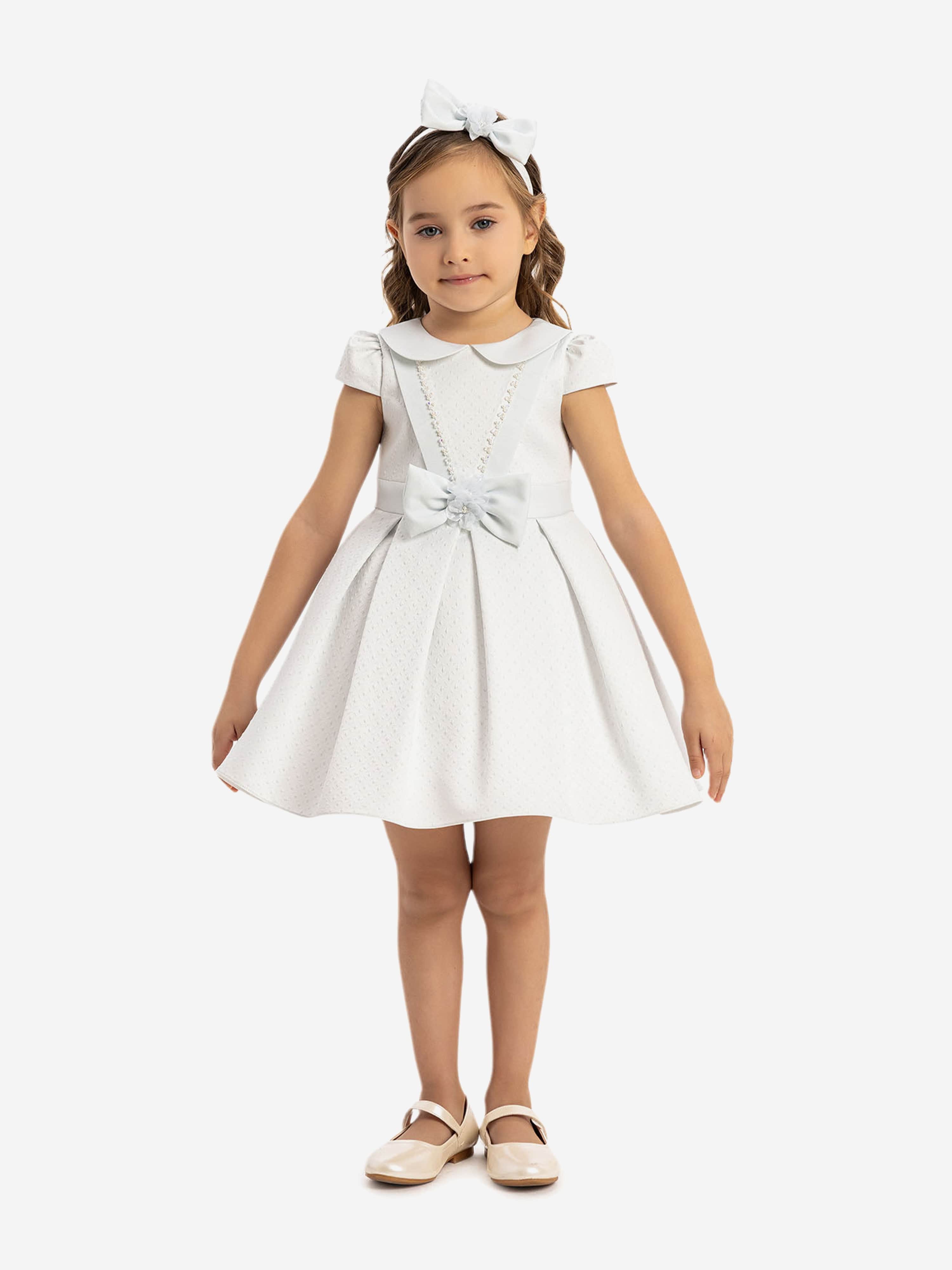 DRESS & Fleur Baby Girls Blue Jacquard Dress with Matching Headband