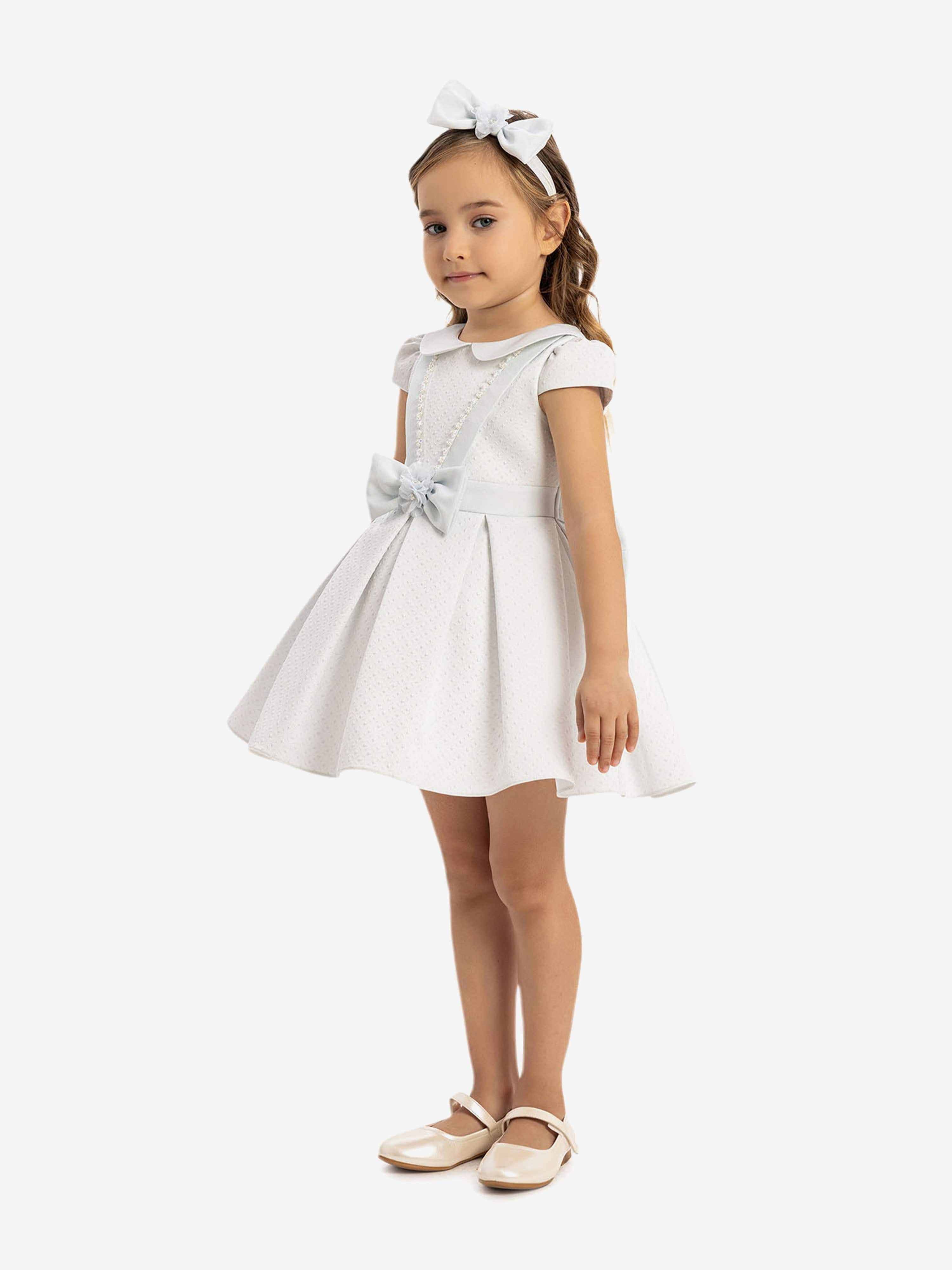 DRESS & Fleur Baby Girls Blue Jacquard Dress with Matching Headband
