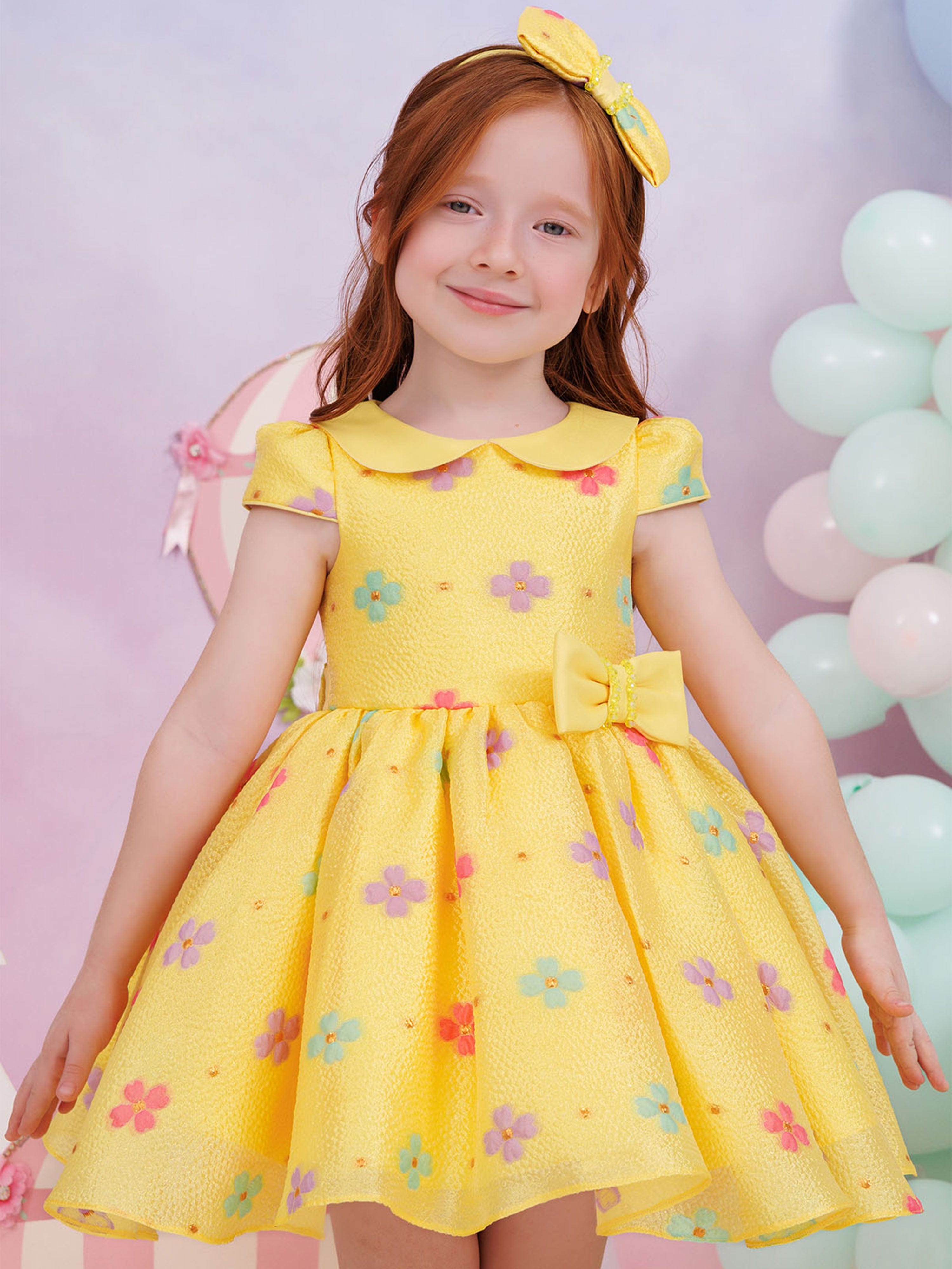 DRESS & Fleur Baby Girls Floral Dress with Headband in Yellow – Cotton