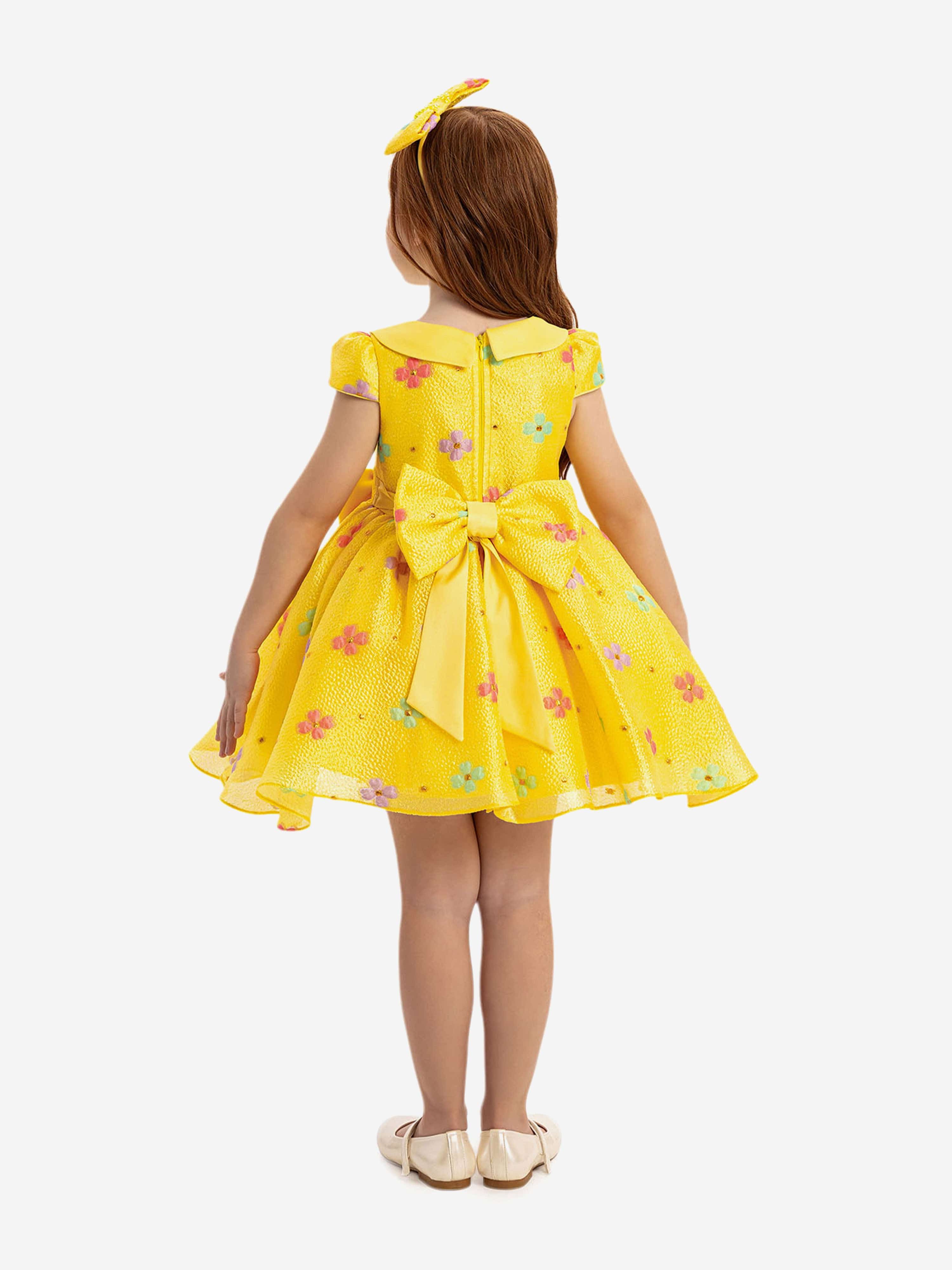 DRESS & Fleur Baby Girls Floral Dress with Headband in Yellow – Cotton
