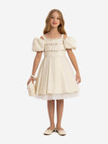 DRESS & Fleur Girls Puff Sleeve Dress with Bag in Beige Lace