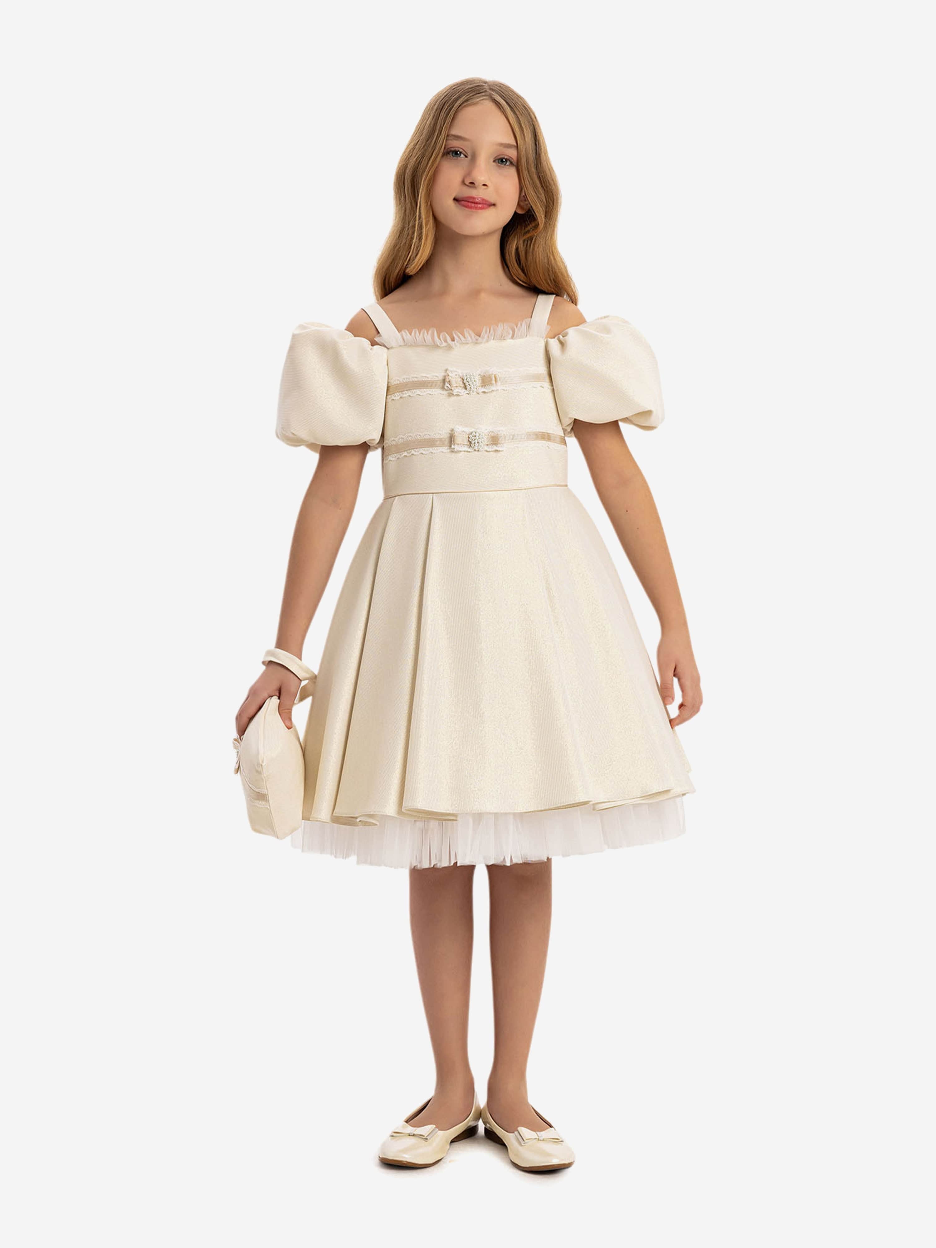 DRESS & Fleur Girls Puff Sleeve Dress with Bag in Beige Lace