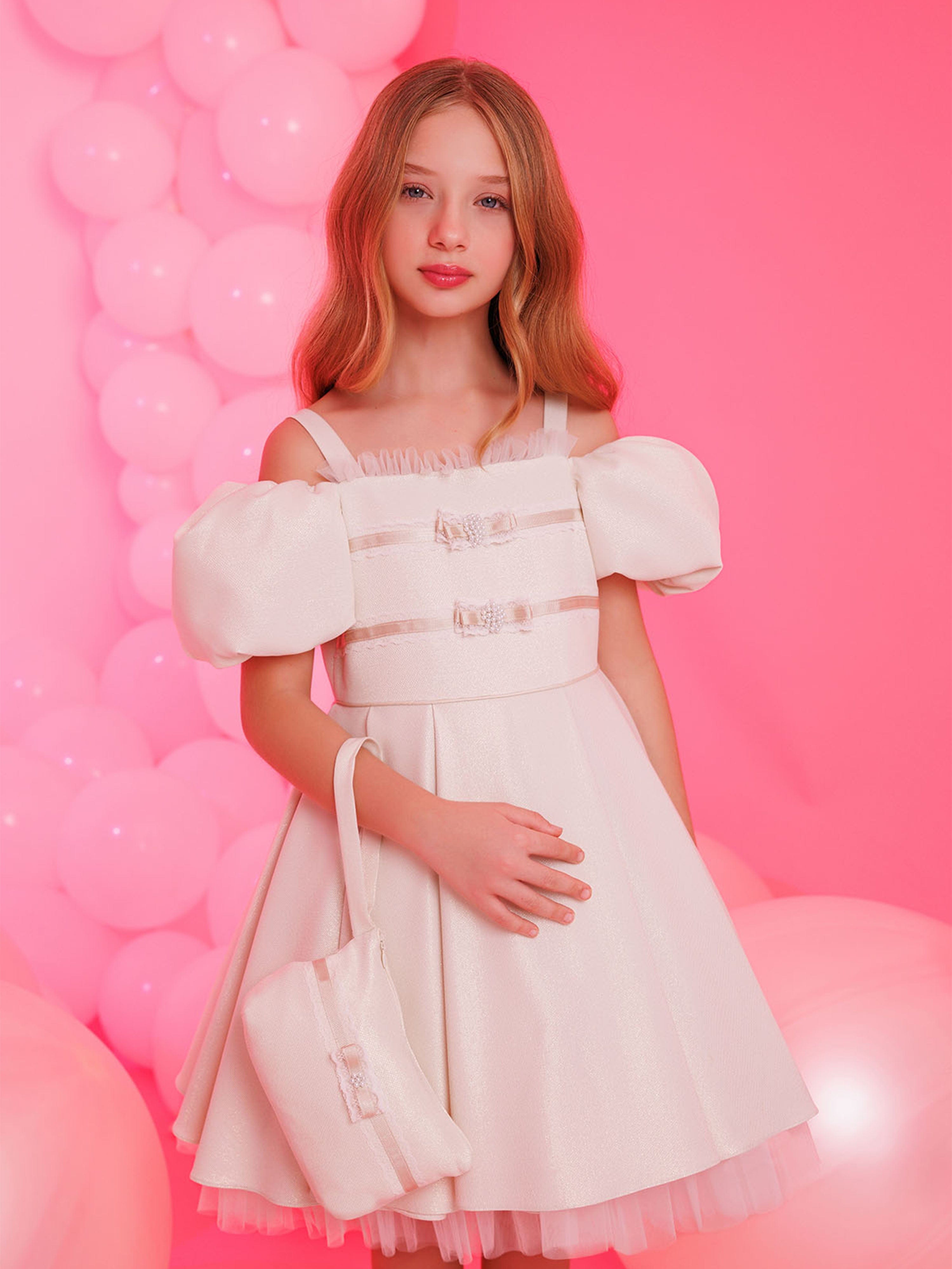 DRESS & Fleur Girls Puff Sleeve Dress with Bag in Beige Lace