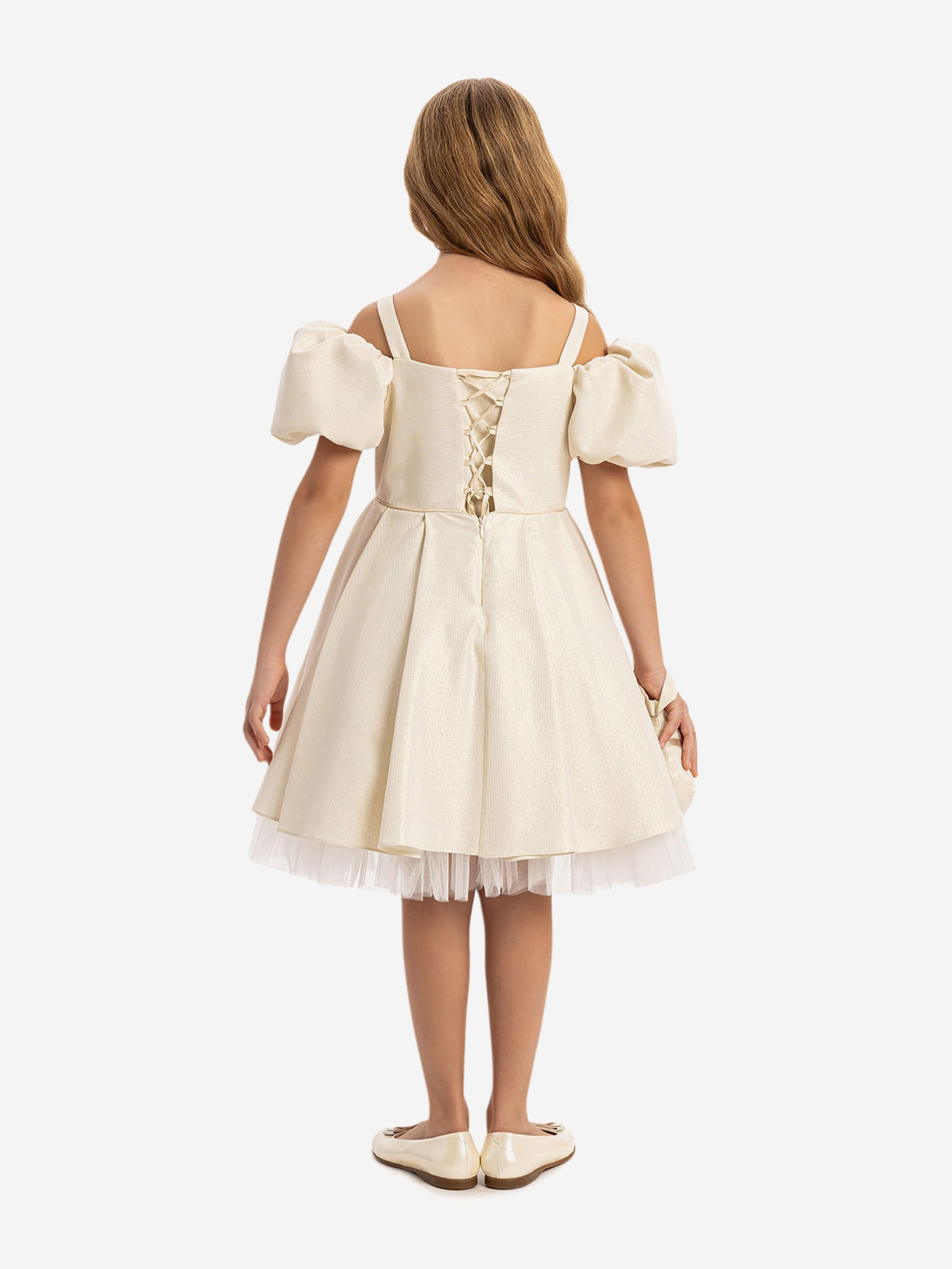 DRESS & Fleur Girls Puff Sleeve Dress with Bag in Beige Lace
