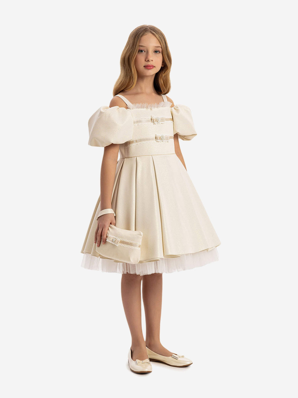DRESS & Fleur Girls Puff Sleeve Dress with Bag in Beige Lace