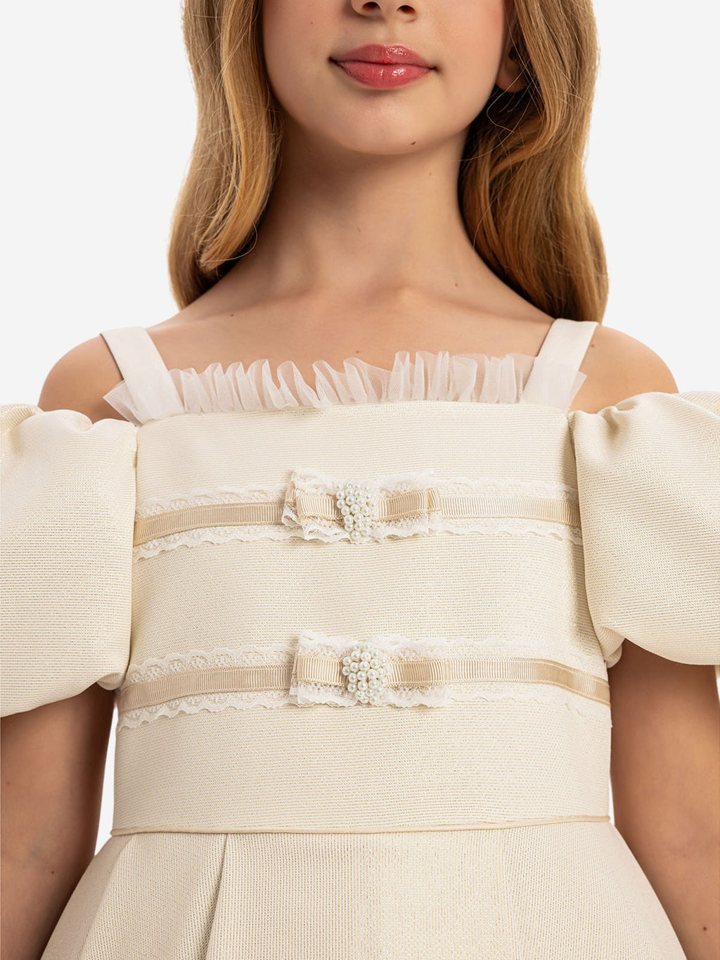 DRESS & Fleur Girls Puff Sleeve Dress with Bag in Beige Lace