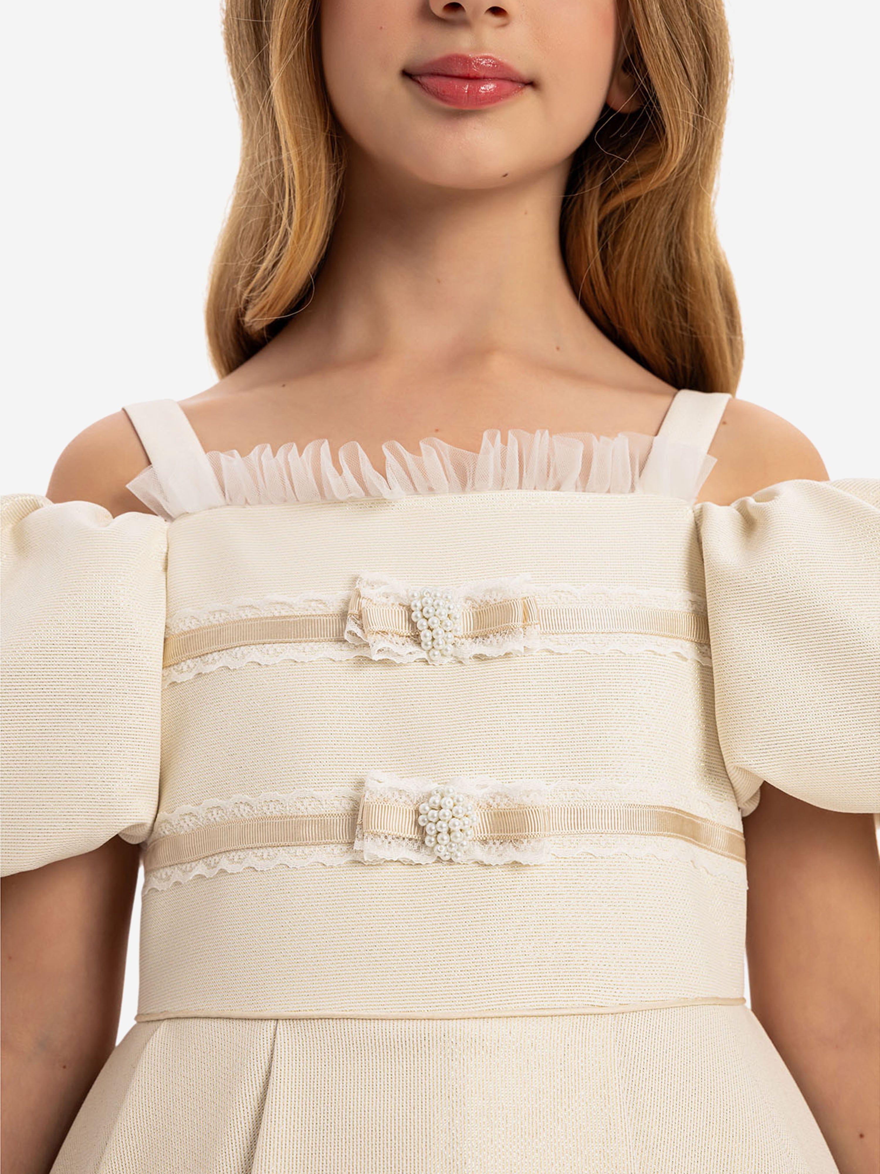DRESS & Fleur Girls Puff Sleeve Dress with Bag in Beige Lace
