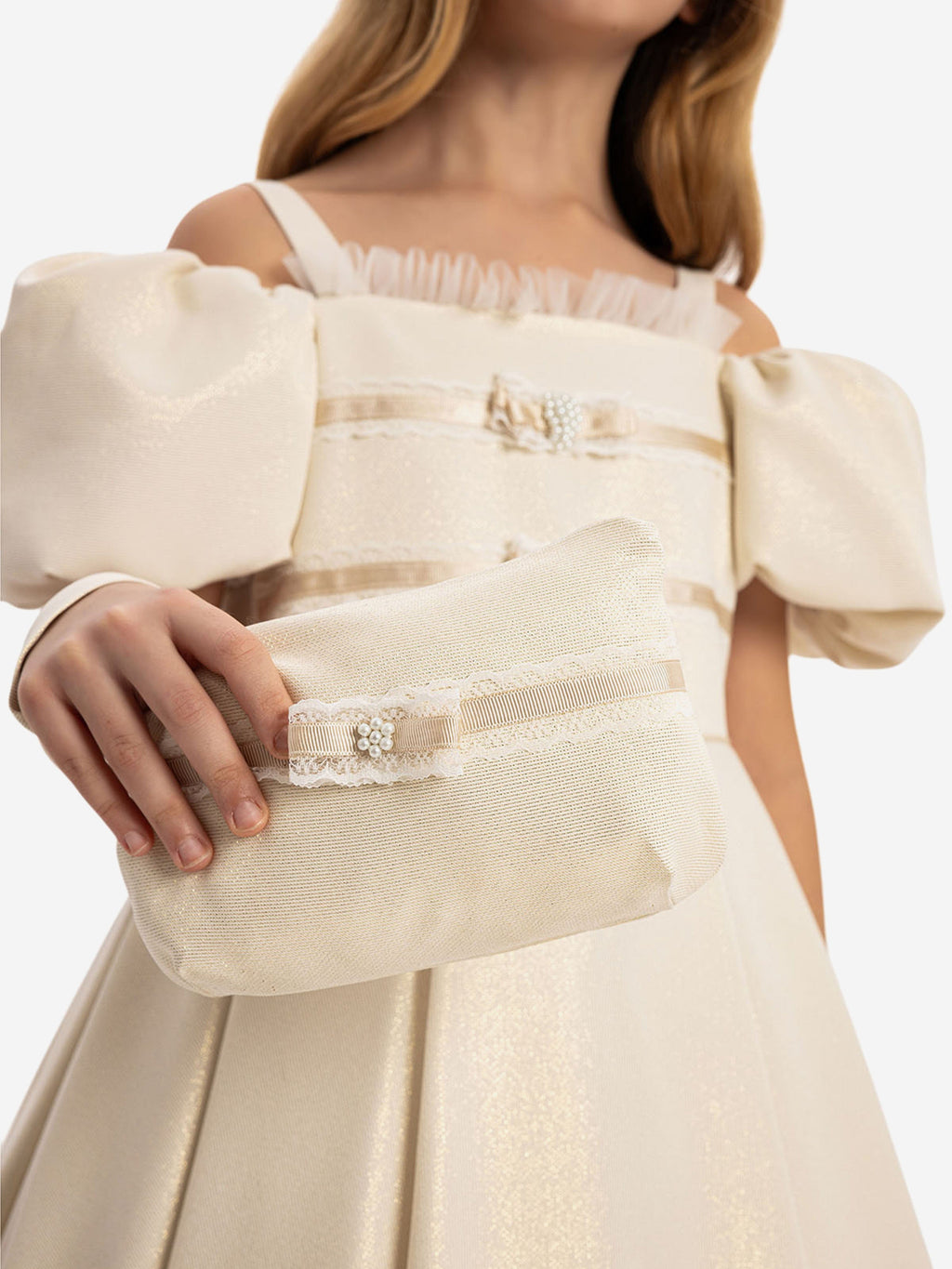DRESS & Fleur Girls Puff Sleeve Dress with Bag in Beige Lace