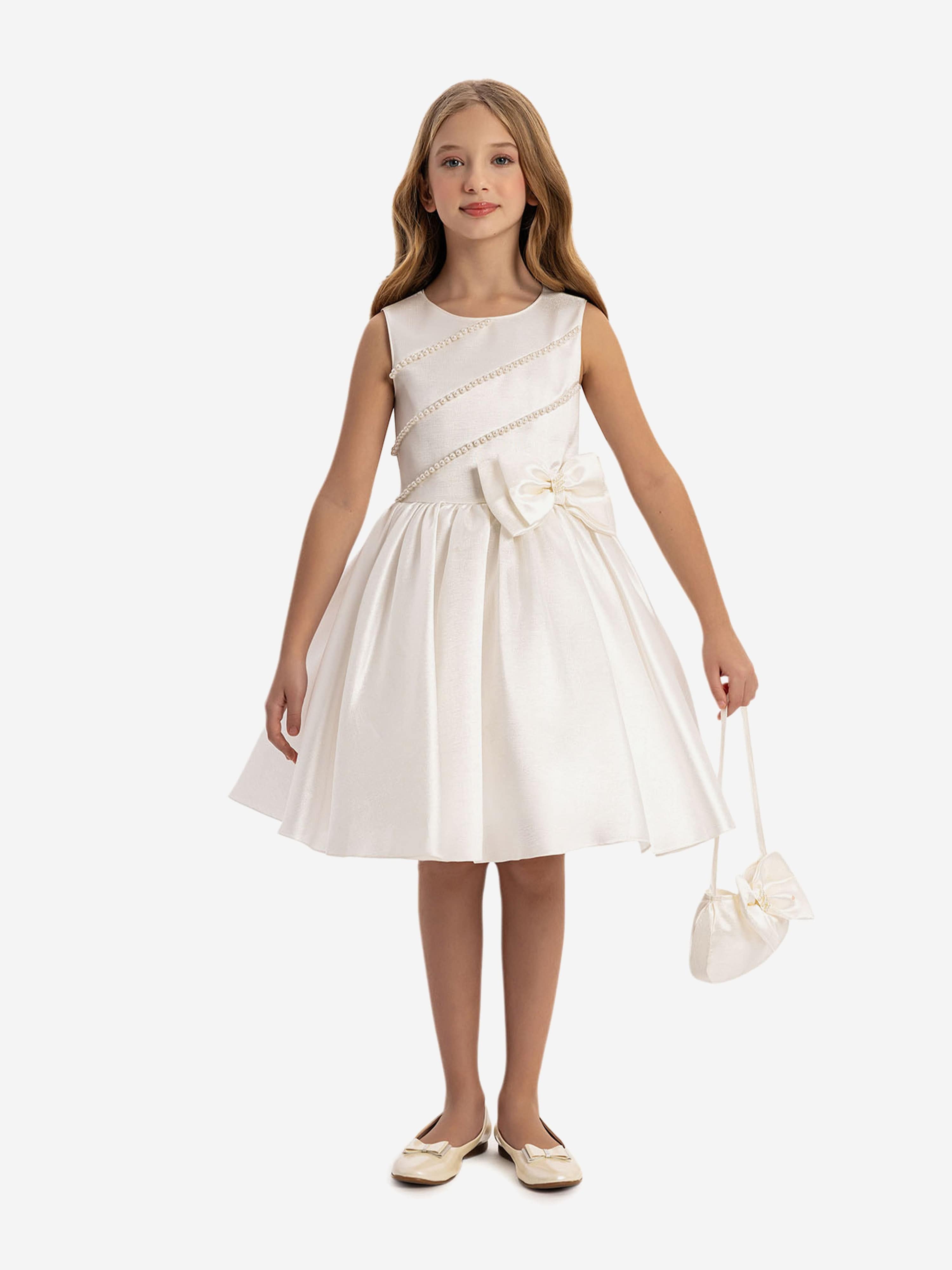 DRESS & Fleur Girls White Satin Dress with Matching Bag and Pearl Detail