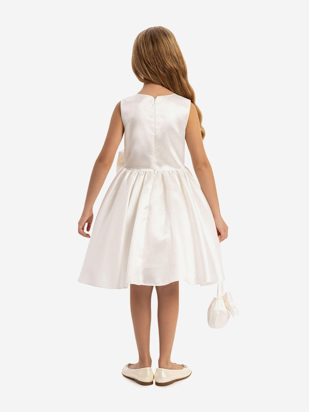 DRESS & Fleur Girls White Satin Dress with Matching Bag and Pearl Detail