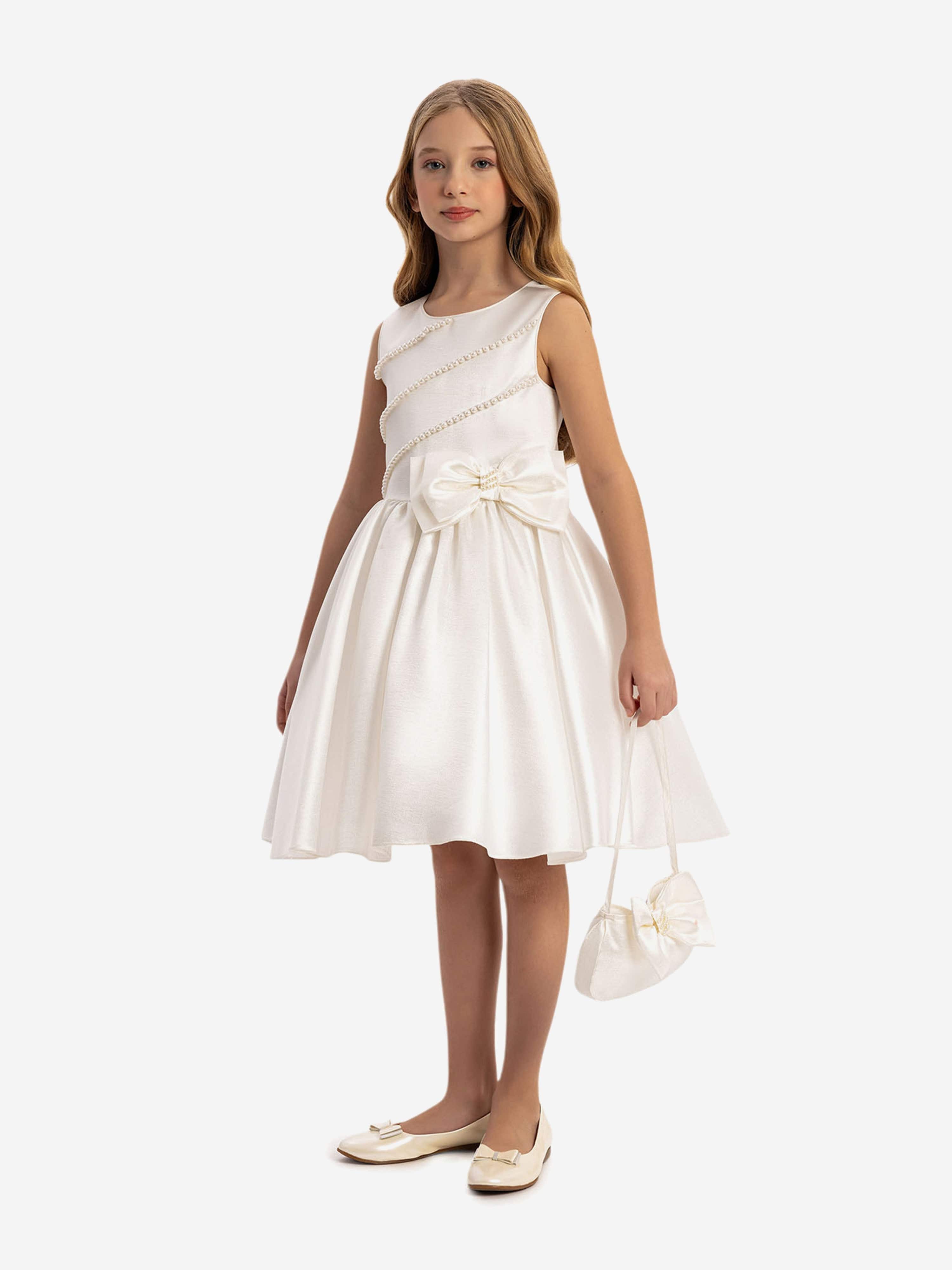 DRESS & Fleur Girls White Satin Dress with Matching Bag and Pearl Detail