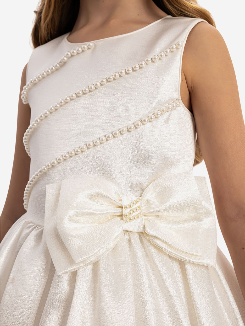 DRESS & Fleur Girls White Satin Dress with Matching Bag and Pearl Detail