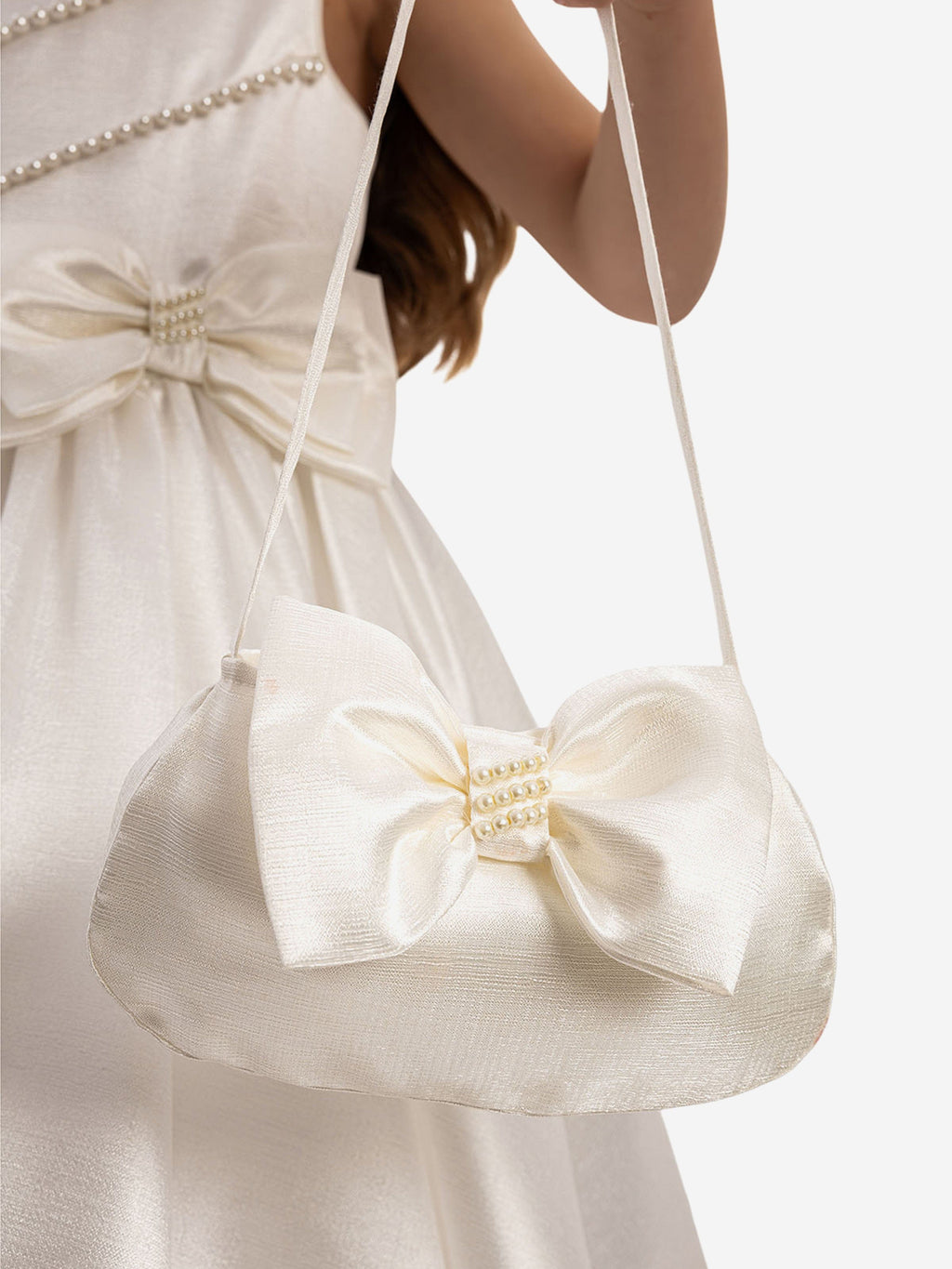 DRESS & Fleur Girls White Satin Dress with Matching Bag and Pearl Detail
