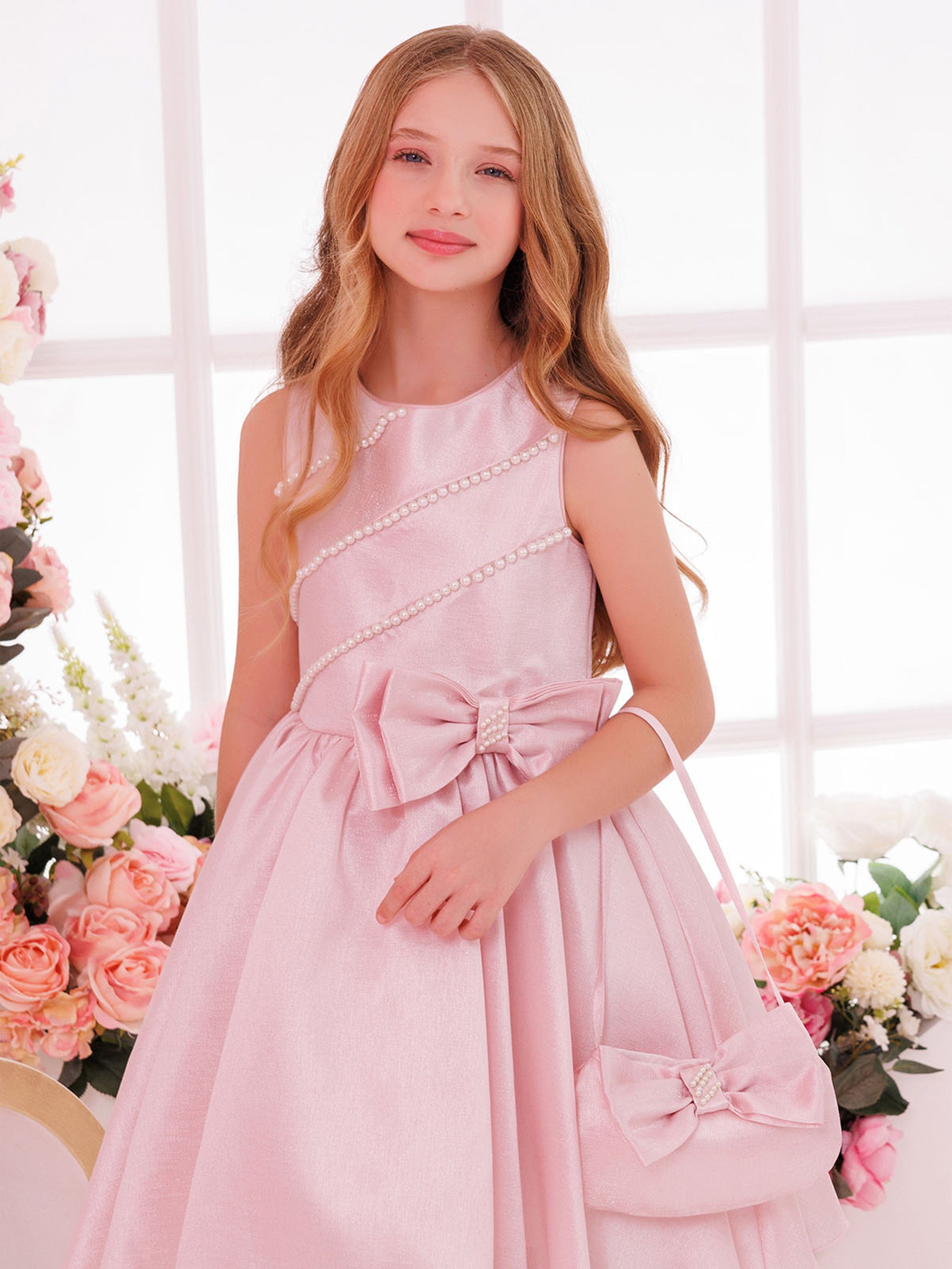 DRESS & Fleur Girls Pink Satin Dress with Matching Bag and Pearl Detail