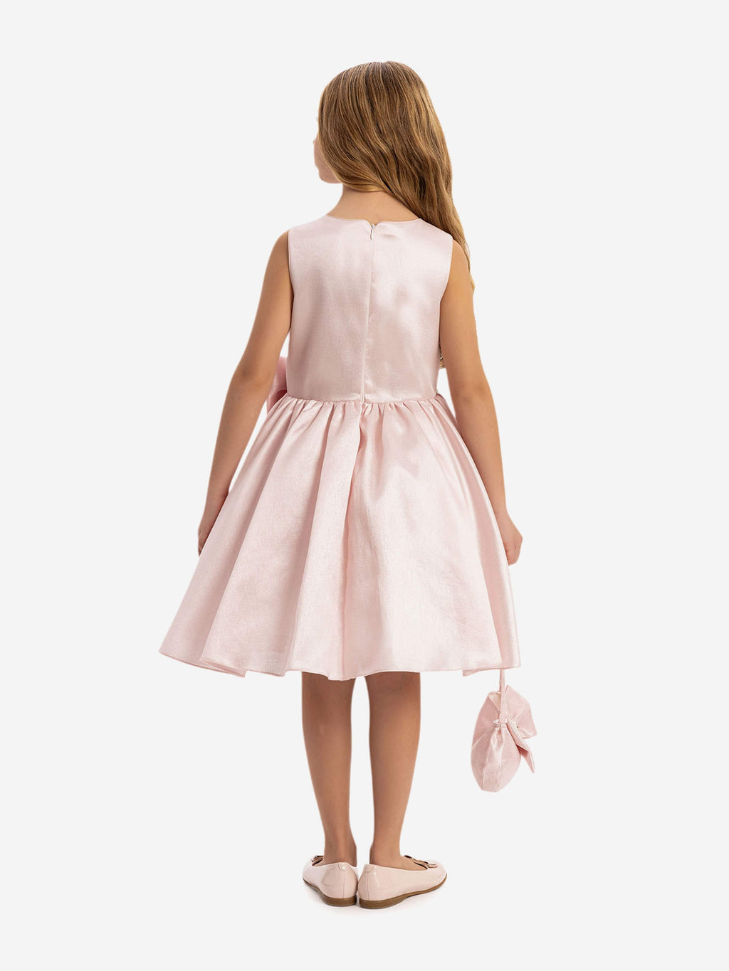 DRESS & Fleur Girls Pink Satin Dress with Matching Bag and Pearl Detail