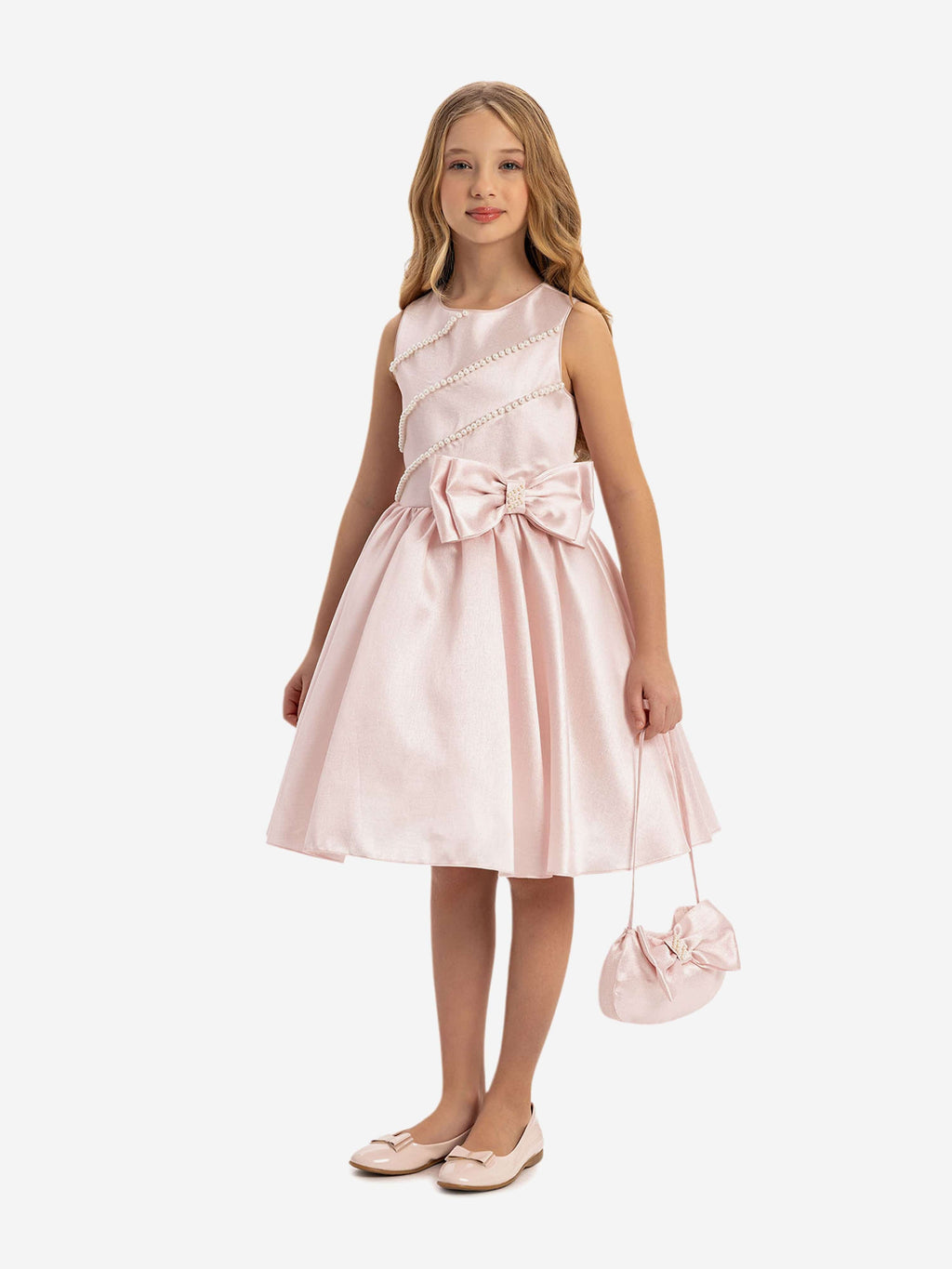 DRESS & Fleur Girls Pink Satin Dress with Matching Bag and Pearl Detail