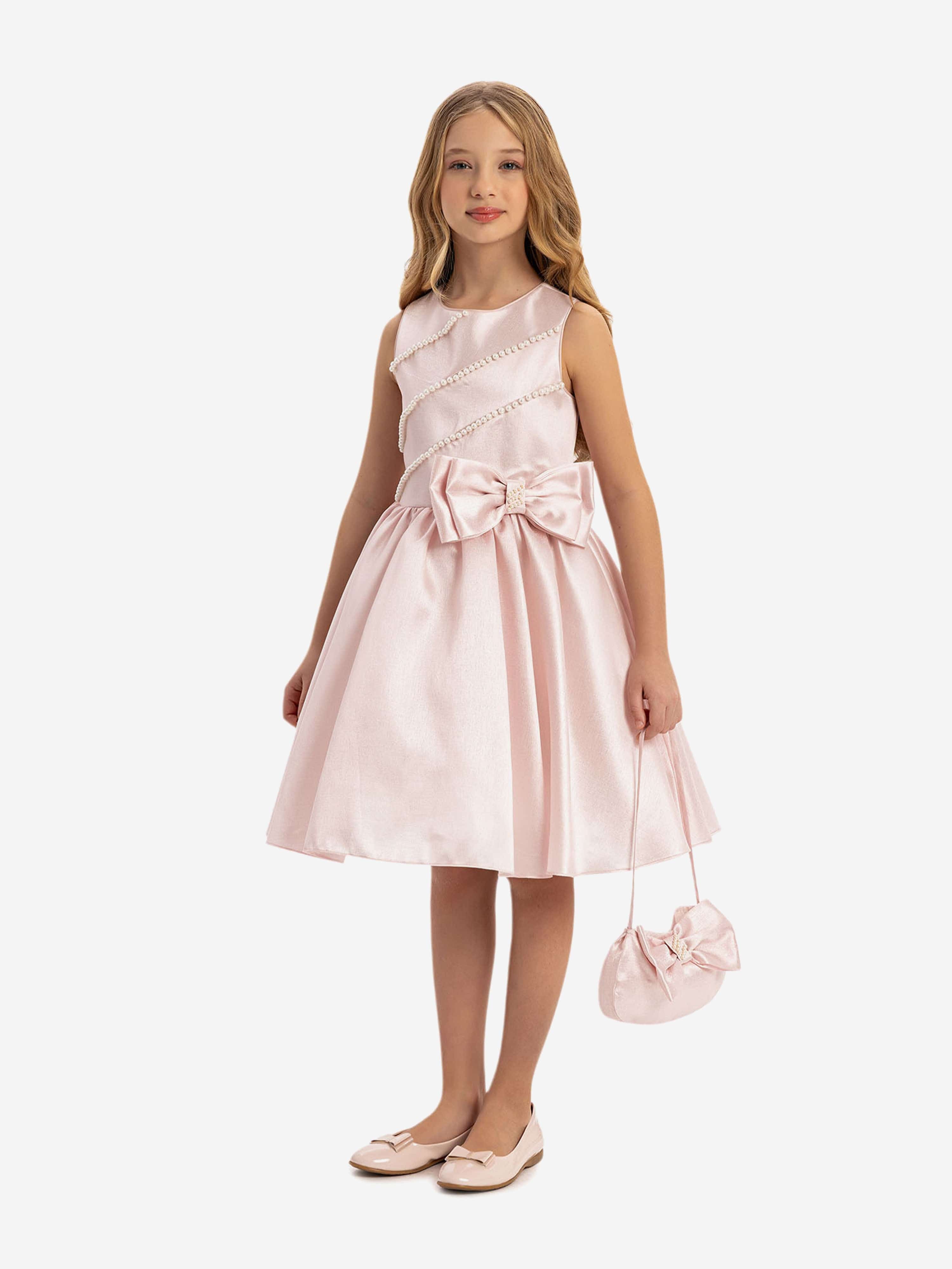 DRESS & Fleur Girls Pink Satin Dress with Matching Bag and Pearl Detail