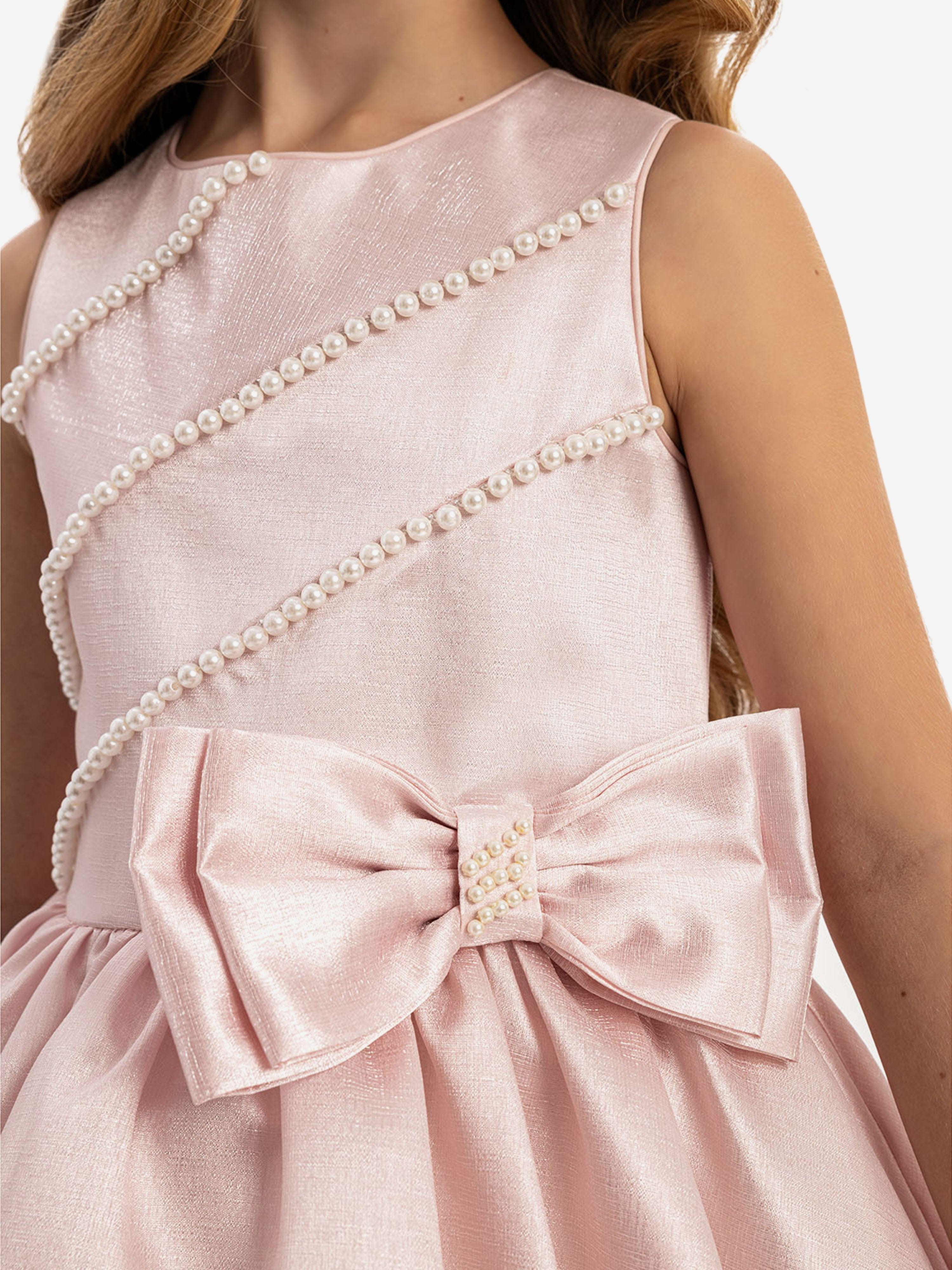 DRESS & Fleur Girls Pink Satin Dress with Matching Bag and Pearl Detail