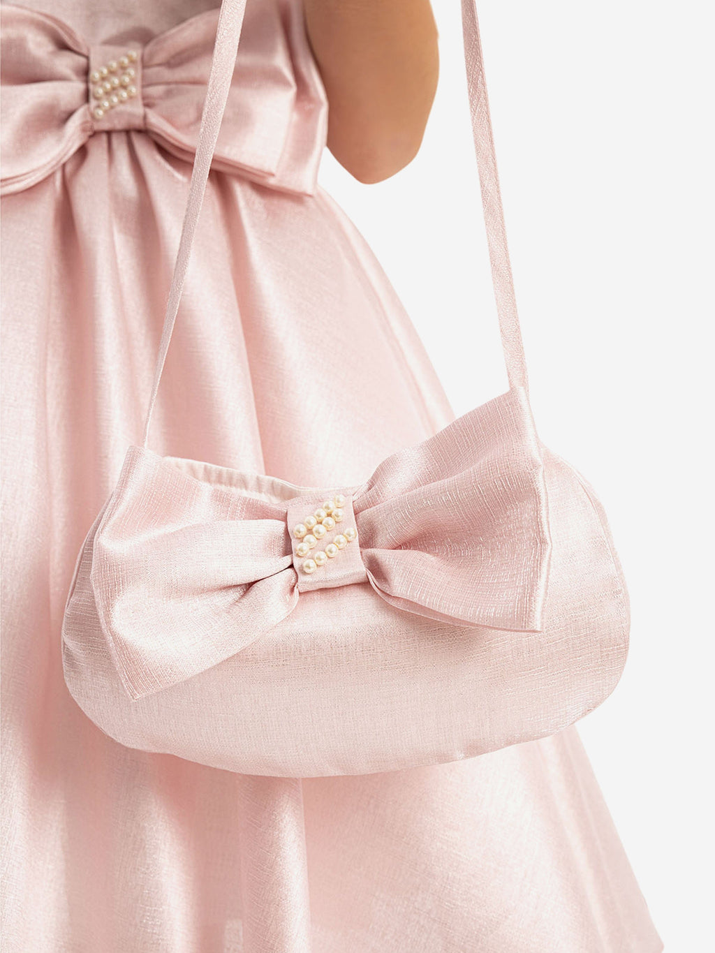 DRESS & Fleur Girls Pink Satin Dress with Matching Bag and Pearl Detail