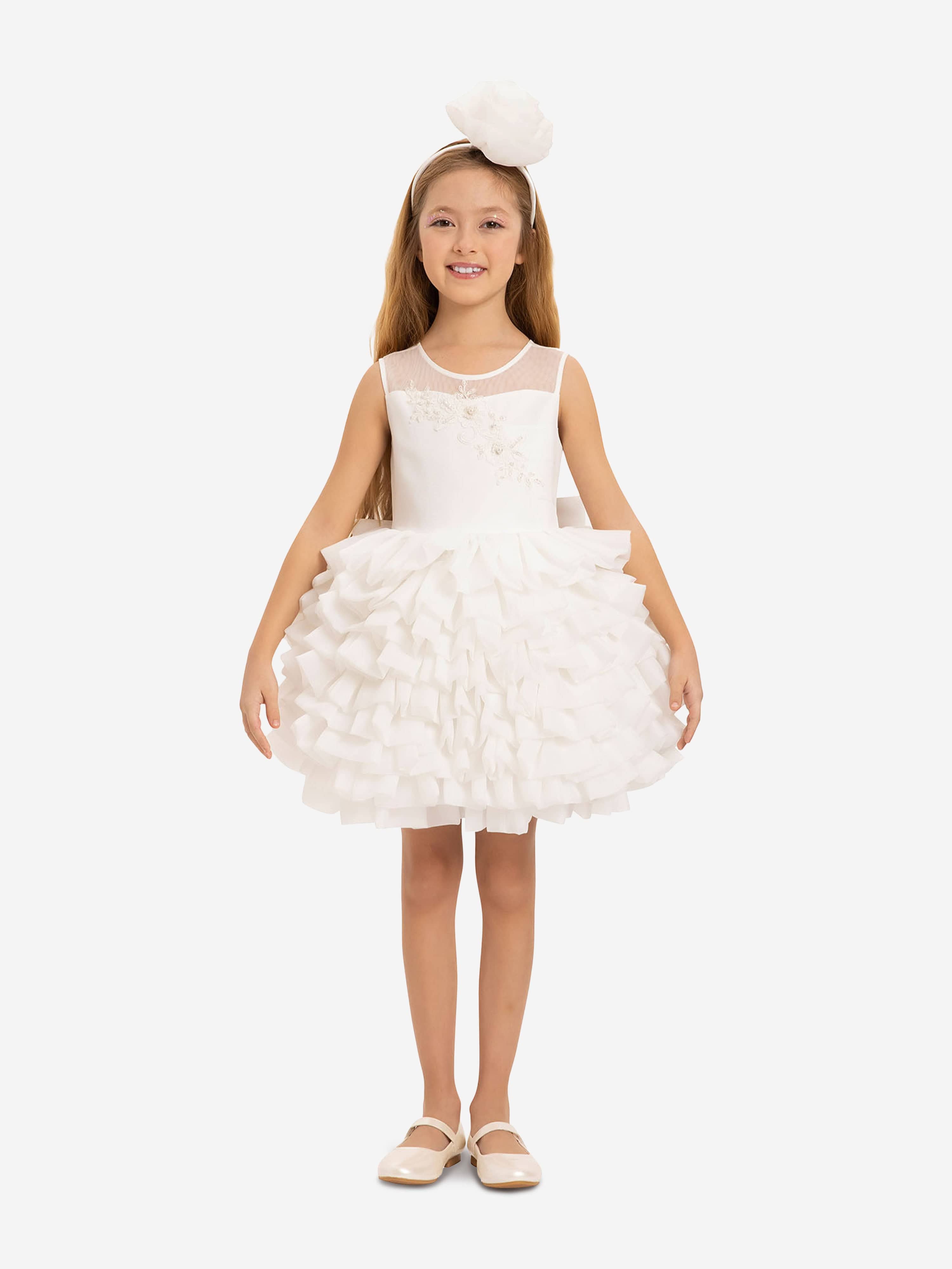 DRESS & Fleur Girls White Lace Organza Dress with Headband