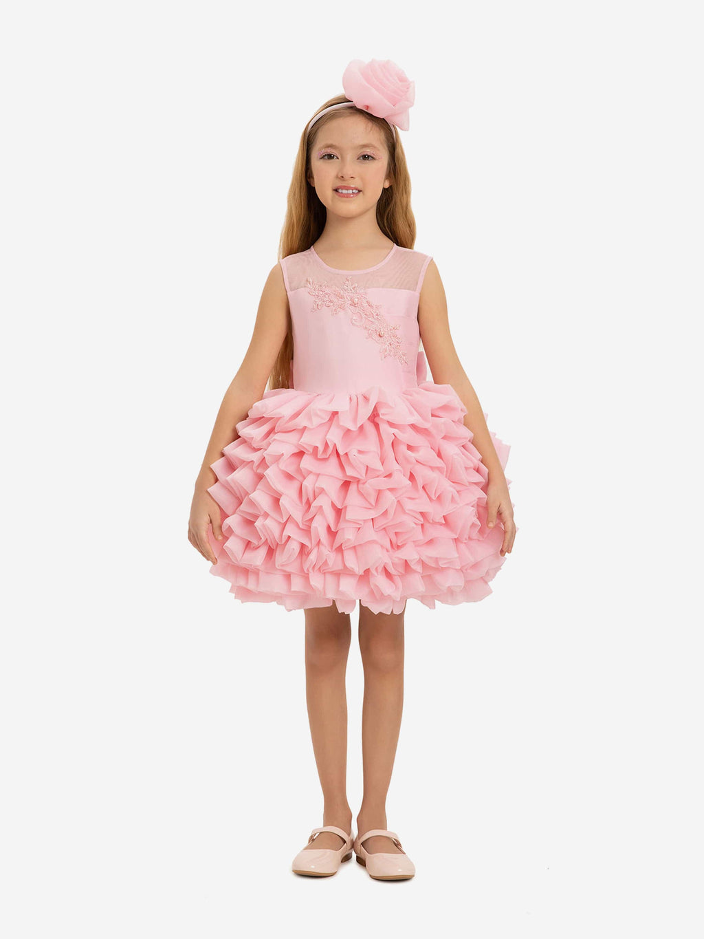 DRESS & Fleur Girls Pink Lace Organza Dress with Matching Headband