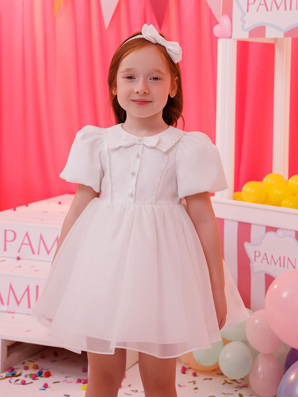 DRESS & Fleur Baby Girls Pearl Detail Lace Dress with Headband - White
