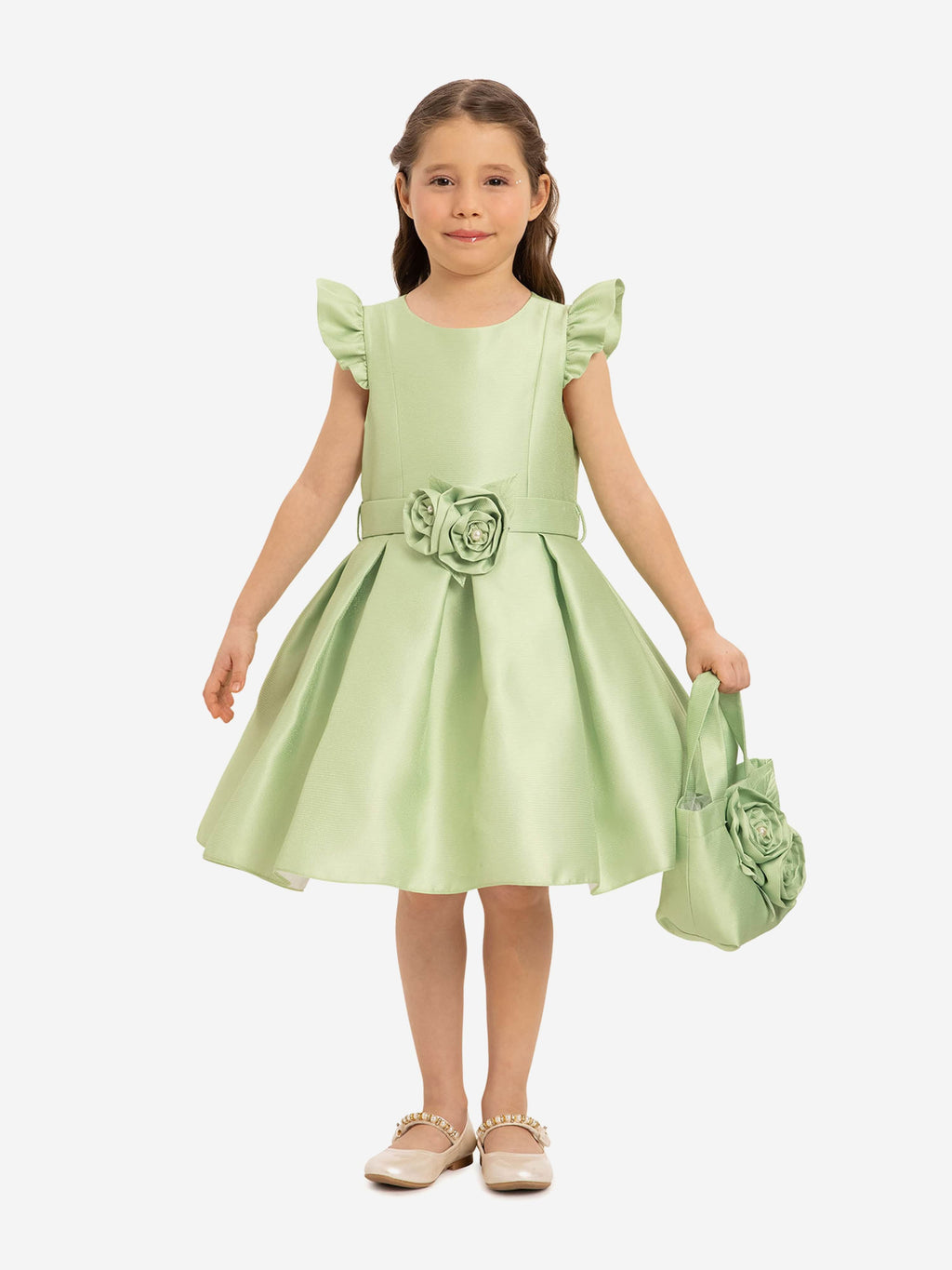 DRESS & Fleur Girls Green Floral Dress with Matching Bag and Pearls
