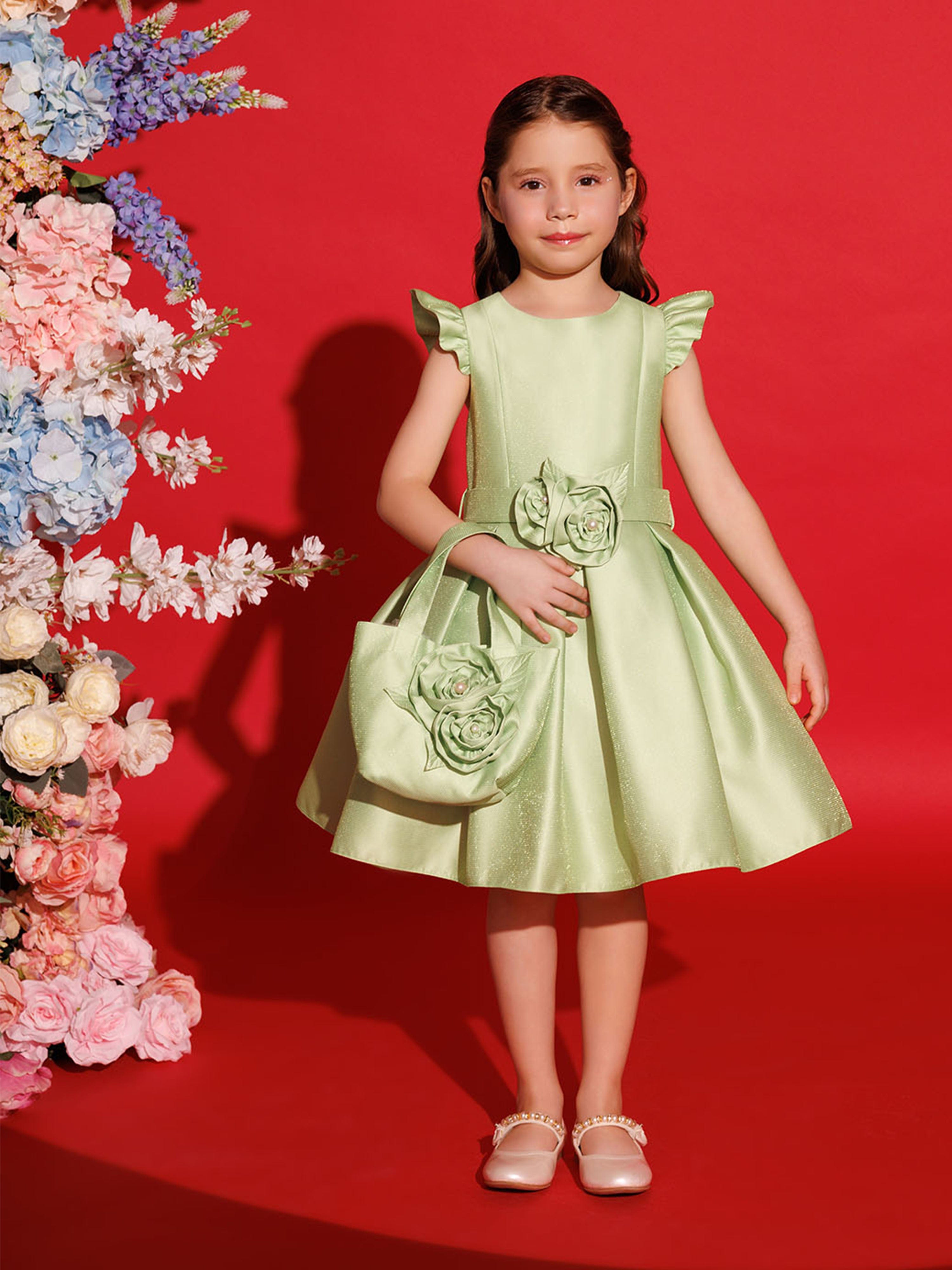 DRESS & Fleur Girls Green Floral Dress with Matching Bag and Pearls