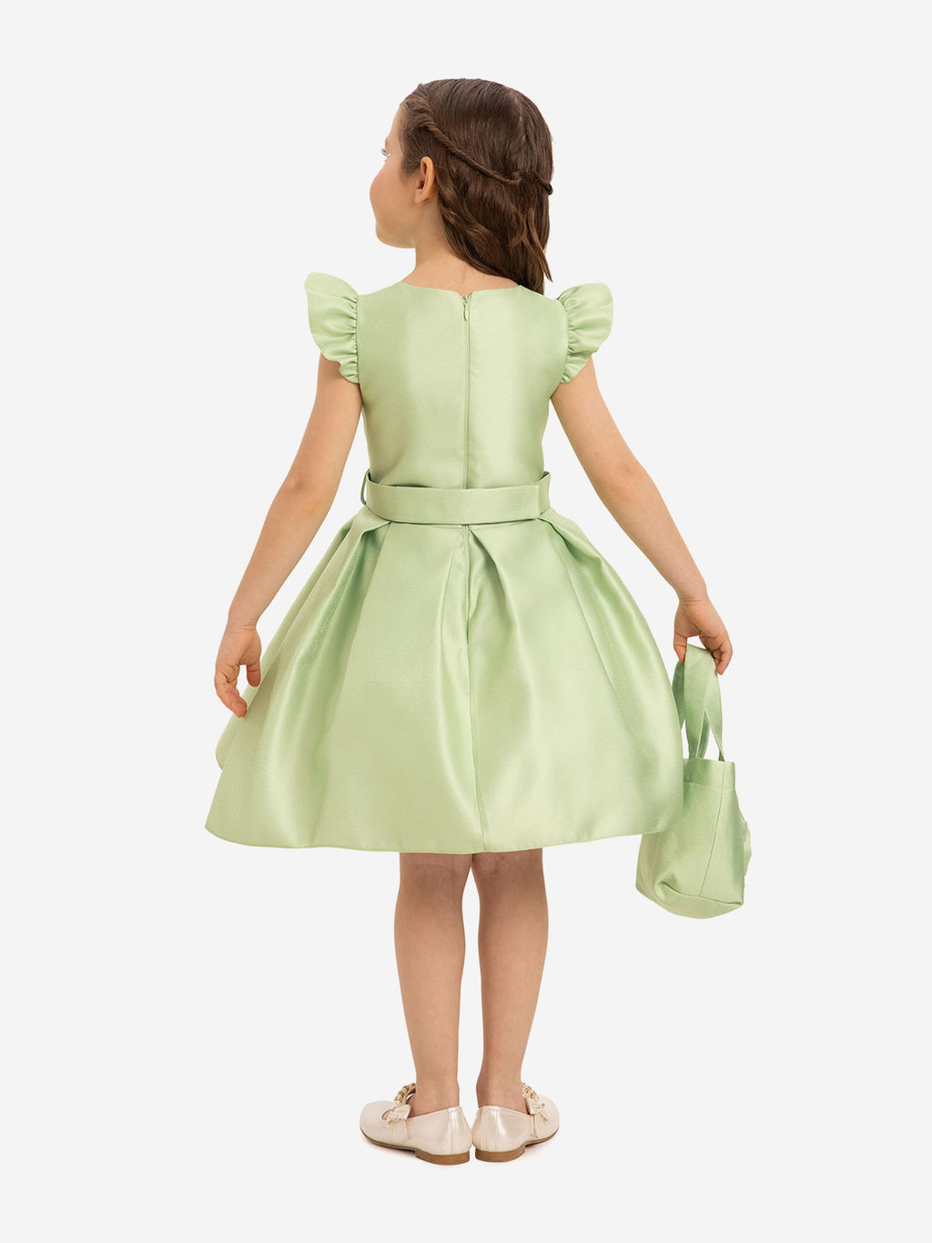 DRESS & Fleur Girls Green Floral Dress with Matching Bag and Pearls