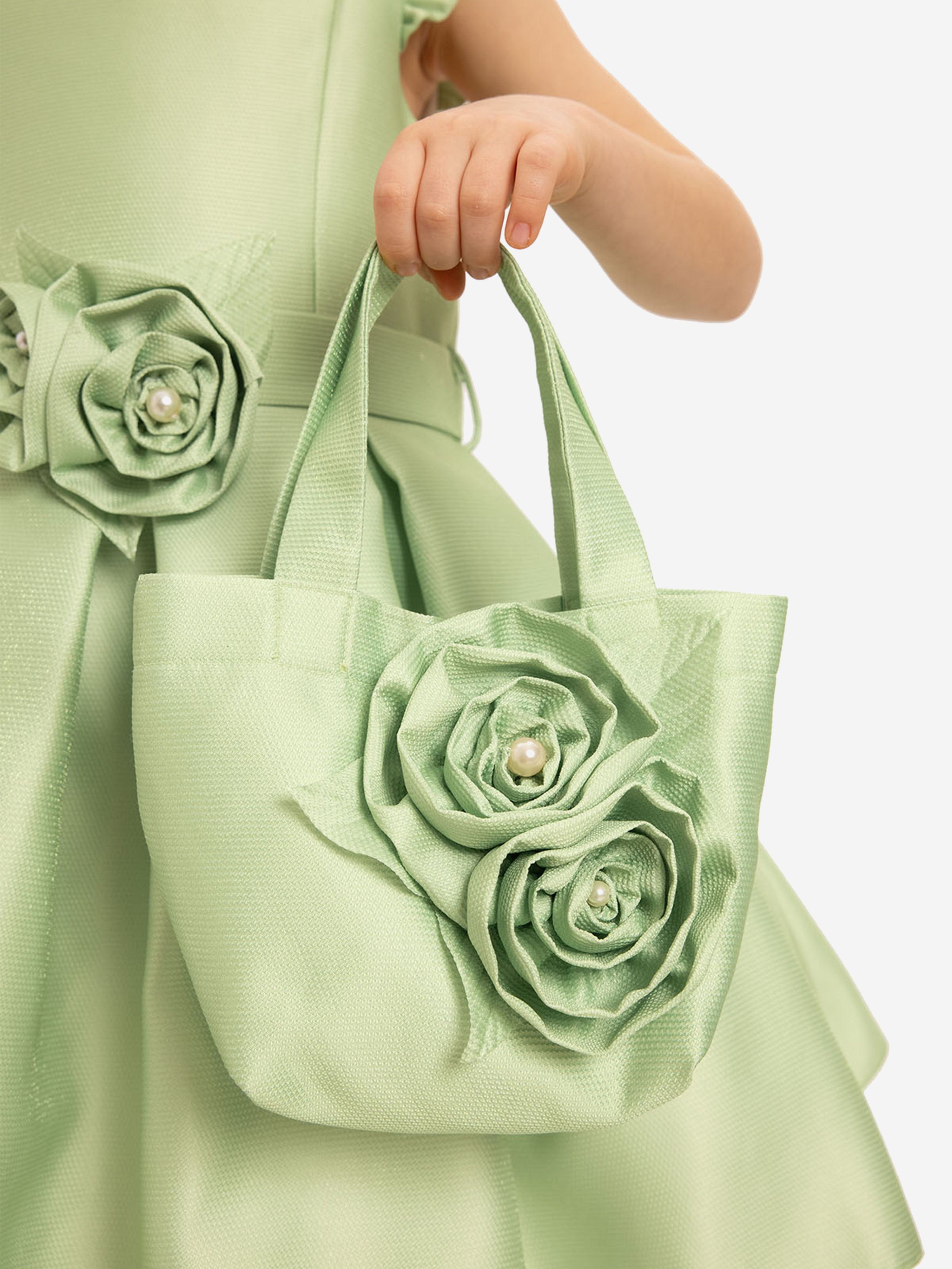 DRESS & Fleur Girls Green Floral Dress with Matching Bag and Pearls