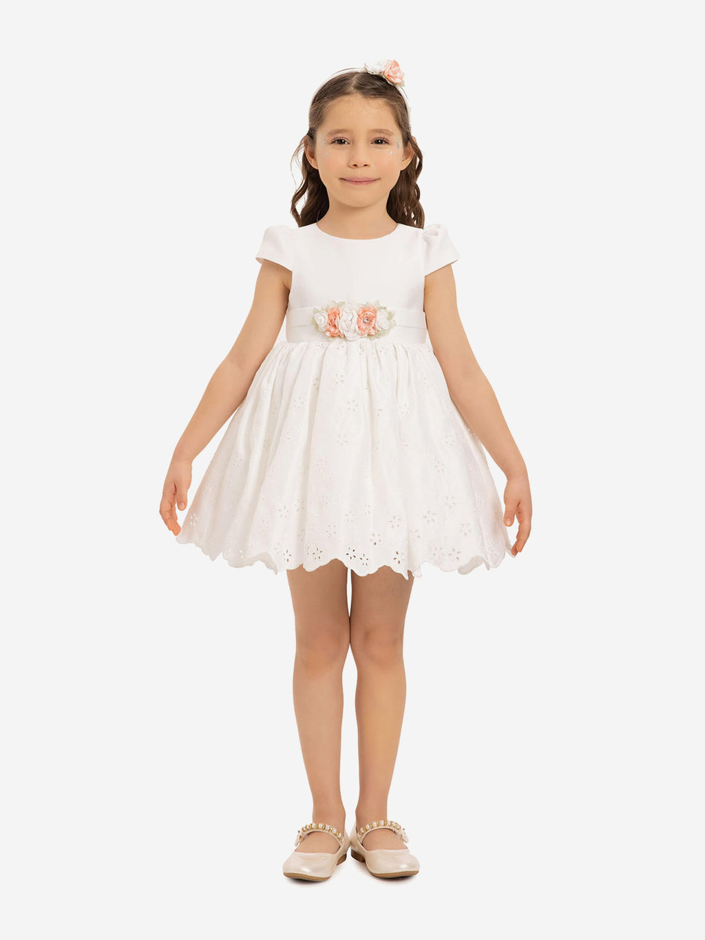 DRESS & Fleur Baby Girls Floral Embroidered Dress with Headband – White