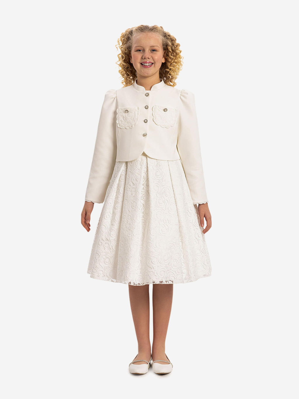 DRESS & Fleur Girls Lace Dress and Bolero Set in White | V-Back