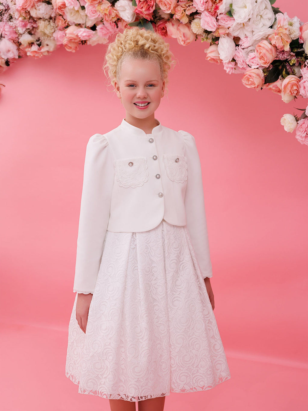 DRESS & Fleur Girls Lace Dress and Bolero Set in White | V-Back