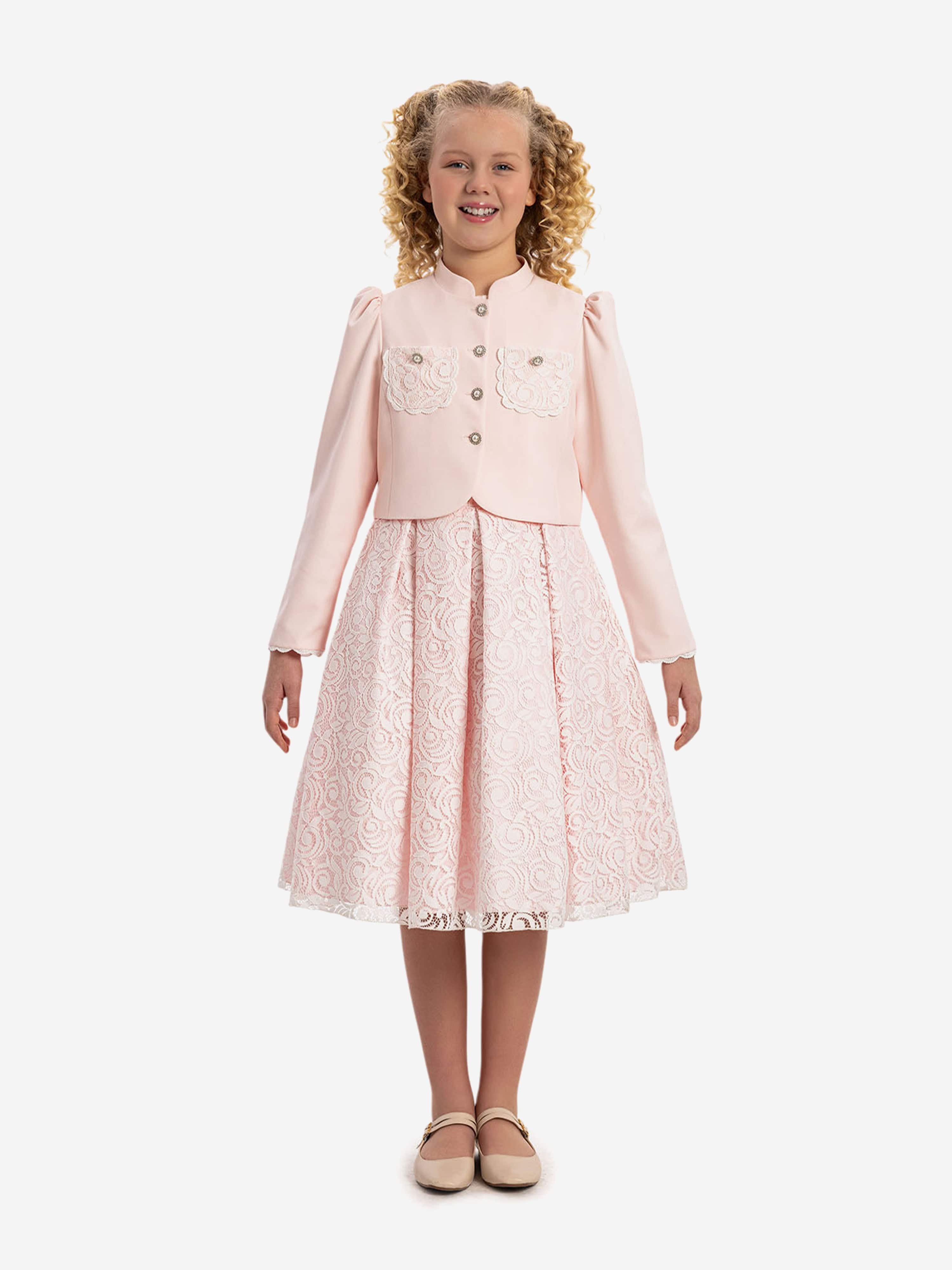 DRESS & Fleur Girls Lace Dress and Bolero Set in Pink | V-Back