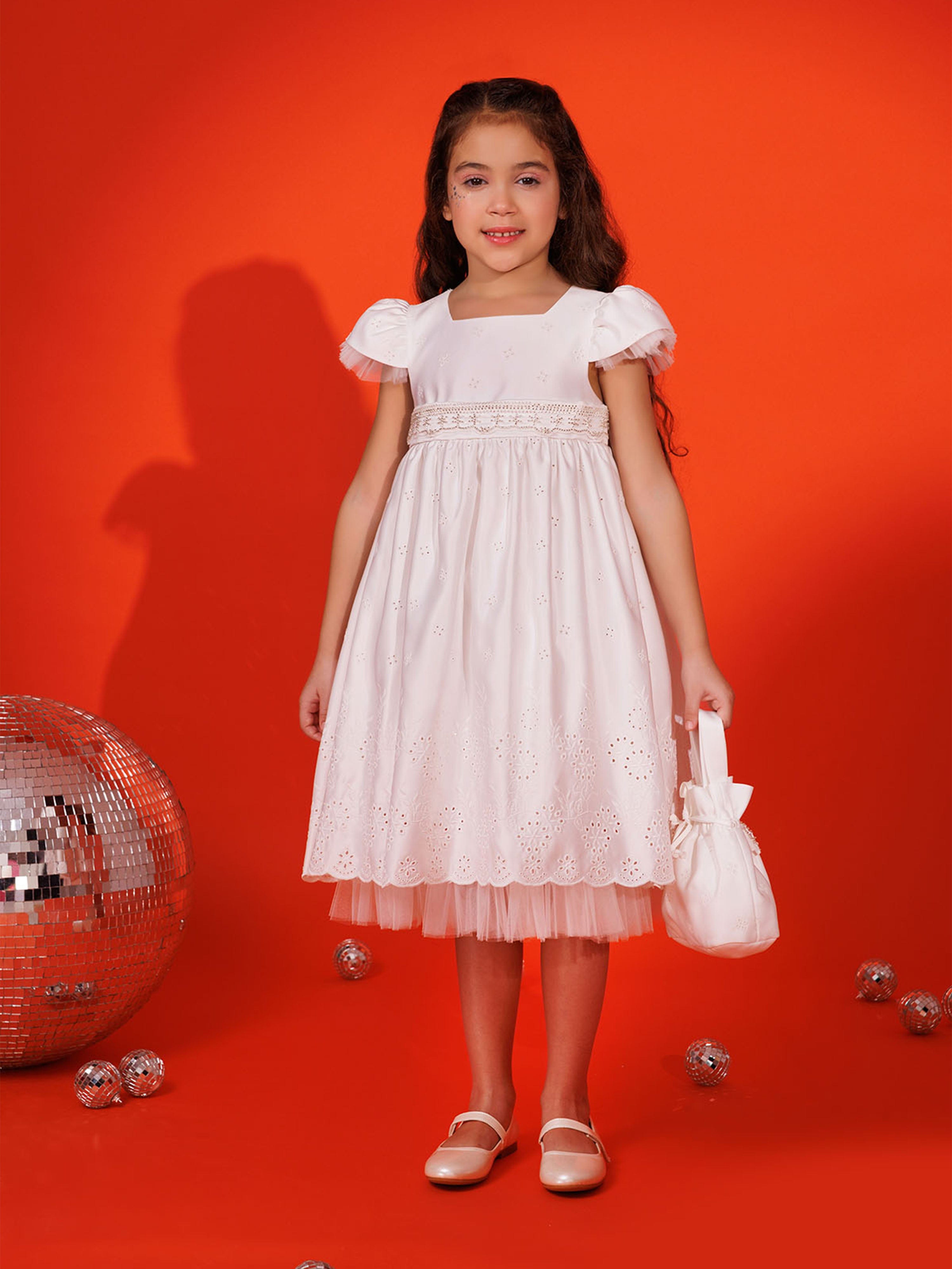 DRESS & Fleur Girls White Embroidered Tulle Dress and Bag Set