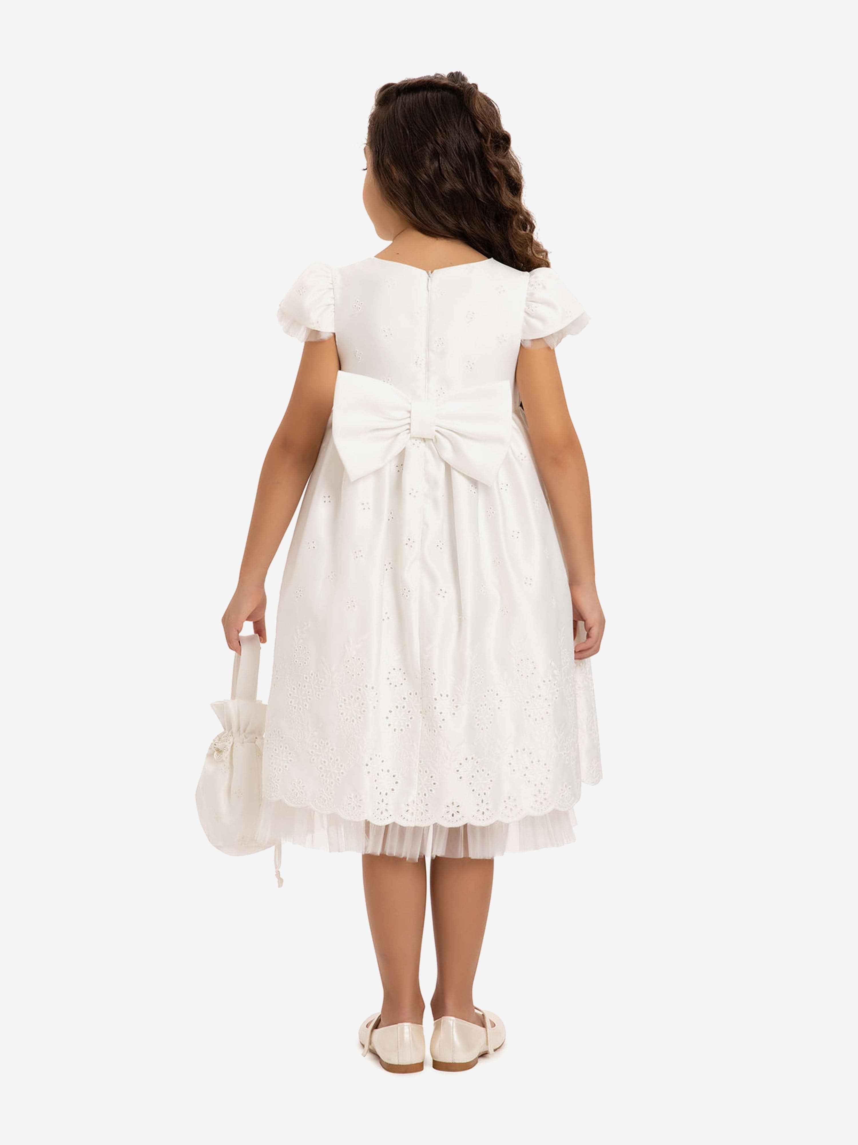 DRESS & Fleur Girls White Embroidered Tulle Dress and Bag Set