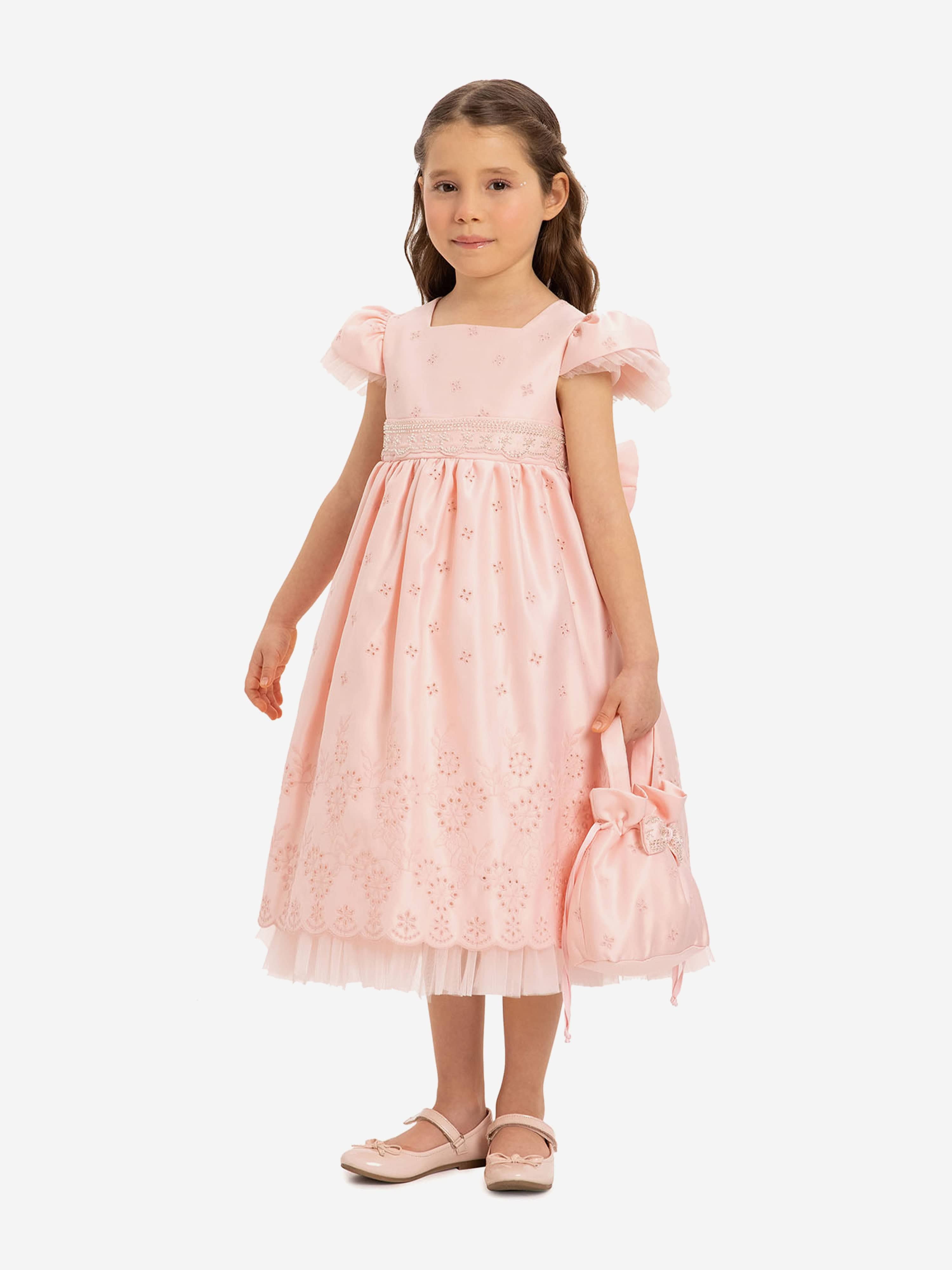 DRESS & Fleur Girls Pink Tulle Dress and Bag Set with Embroidered Detail