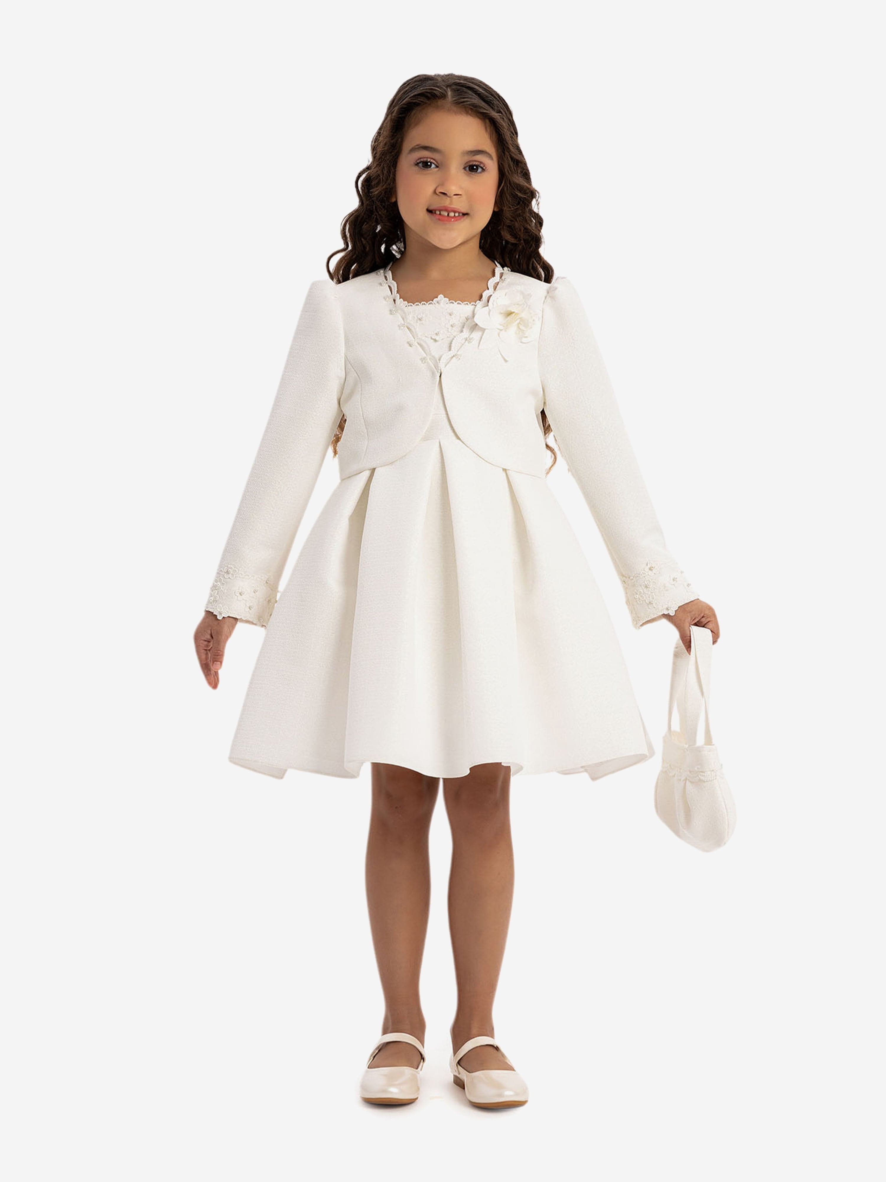 DRESS & Fleur Girls White 3-Piece Dress Set with Bolero and Bag