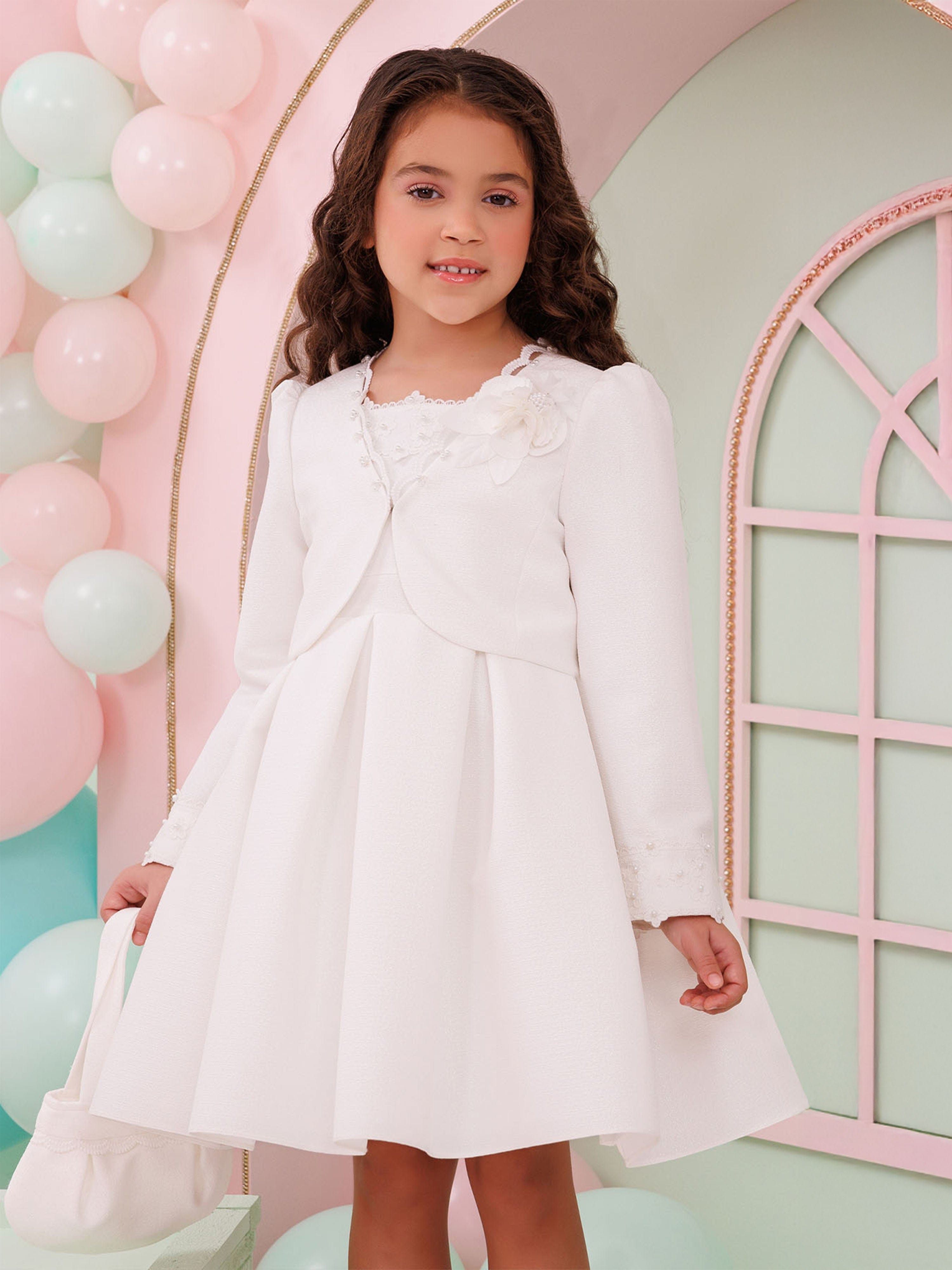 DRESS & Fleur Girls White 3-Piece Dress Set with Bolero and Bag