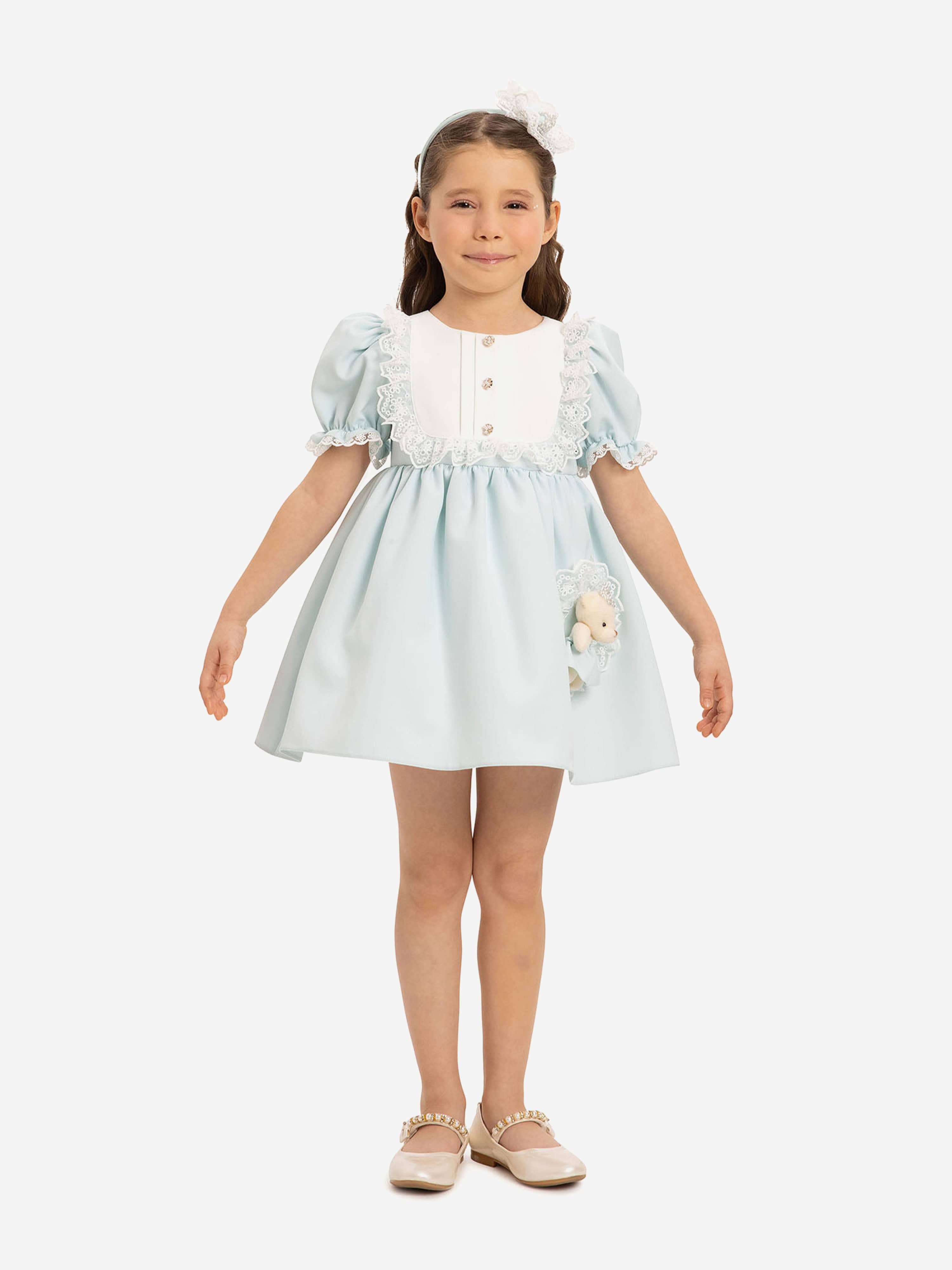 DRESS & Fleur Baby Girls Blue Jacquard Dress Set with Teddy Bear