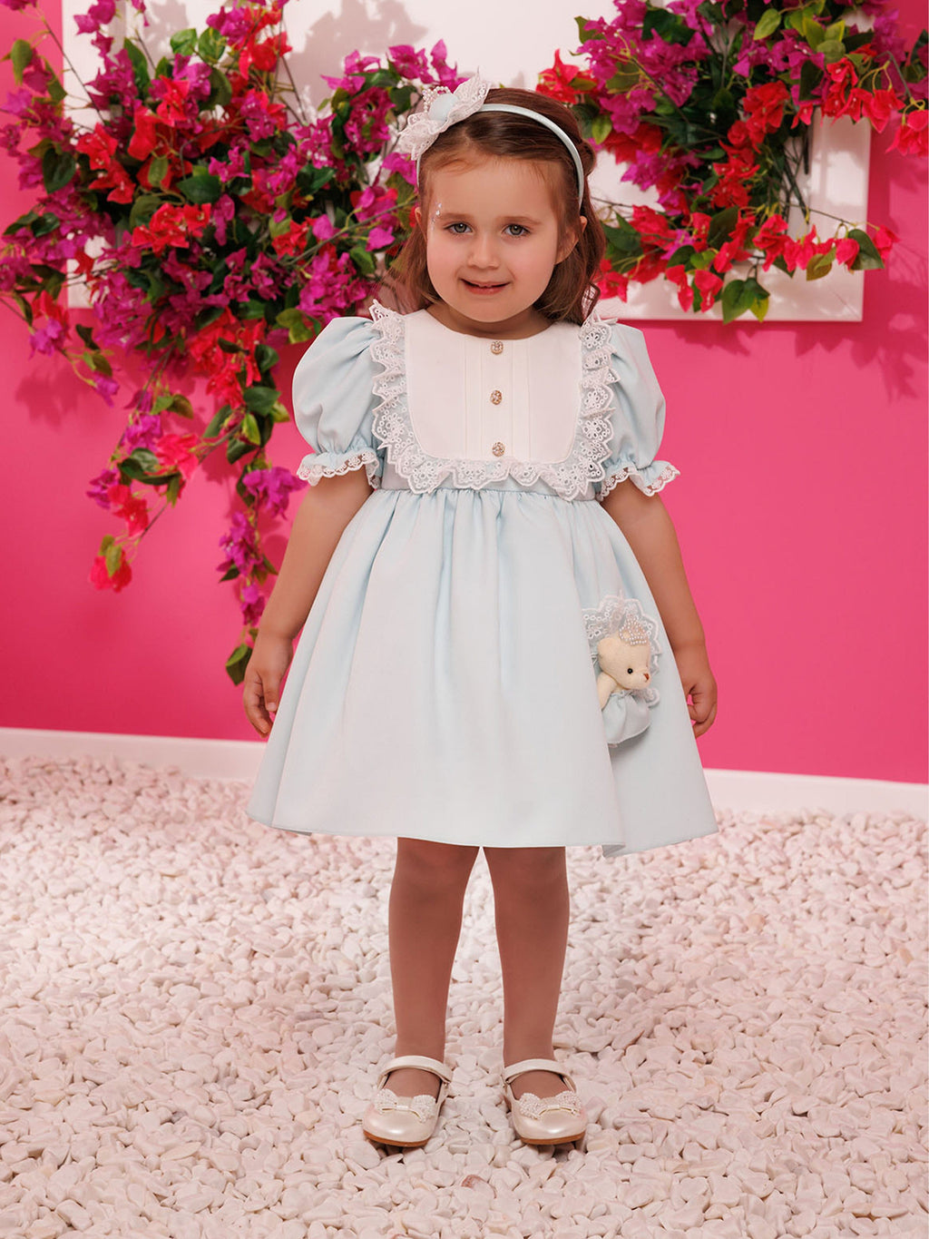 DRESS & Fleur Baby Girls Blue Jacquard Dress Set with Teddy Bear