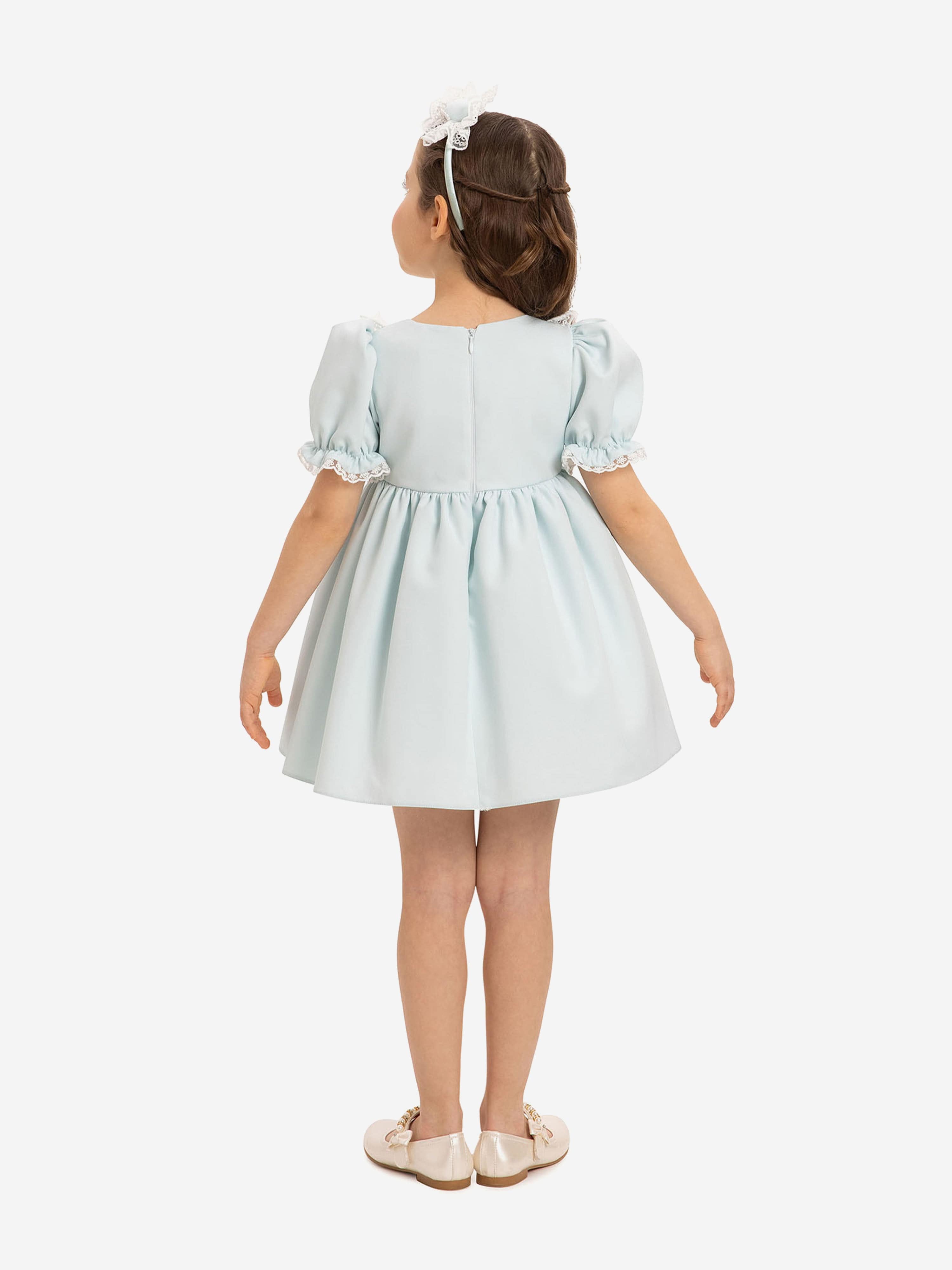 DRESS & Fleur Baby Girls Blue Jacquard Dress Set with Teddy Bear