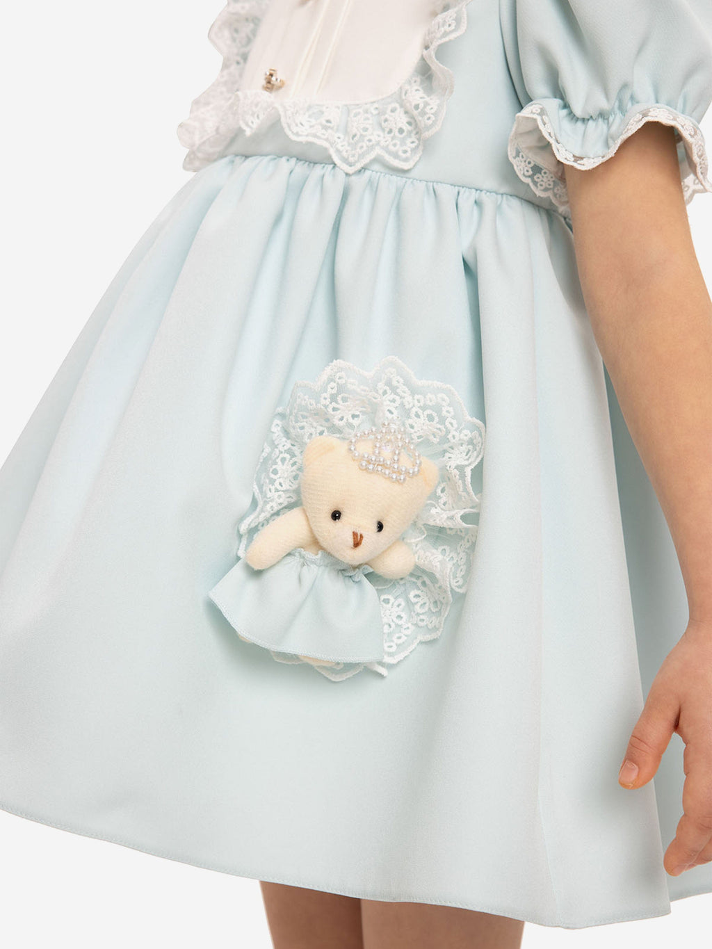 DRESS & Fleur Baby Girls Blue Jacquard Dress Set with Teddy Bear
