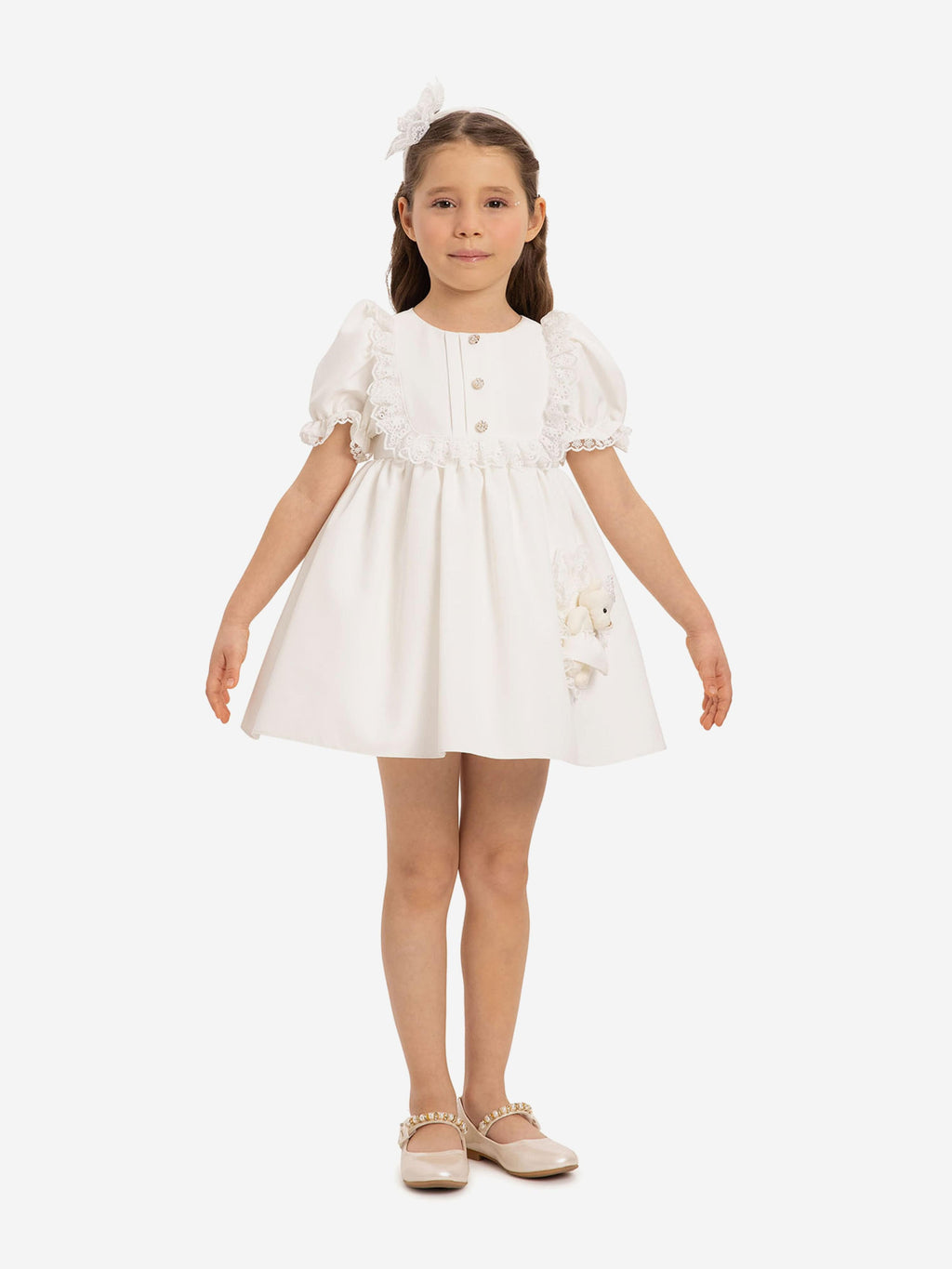 DRESS & Fleur Baby Girls White Jacquard Dress Set with Teddy Bear
